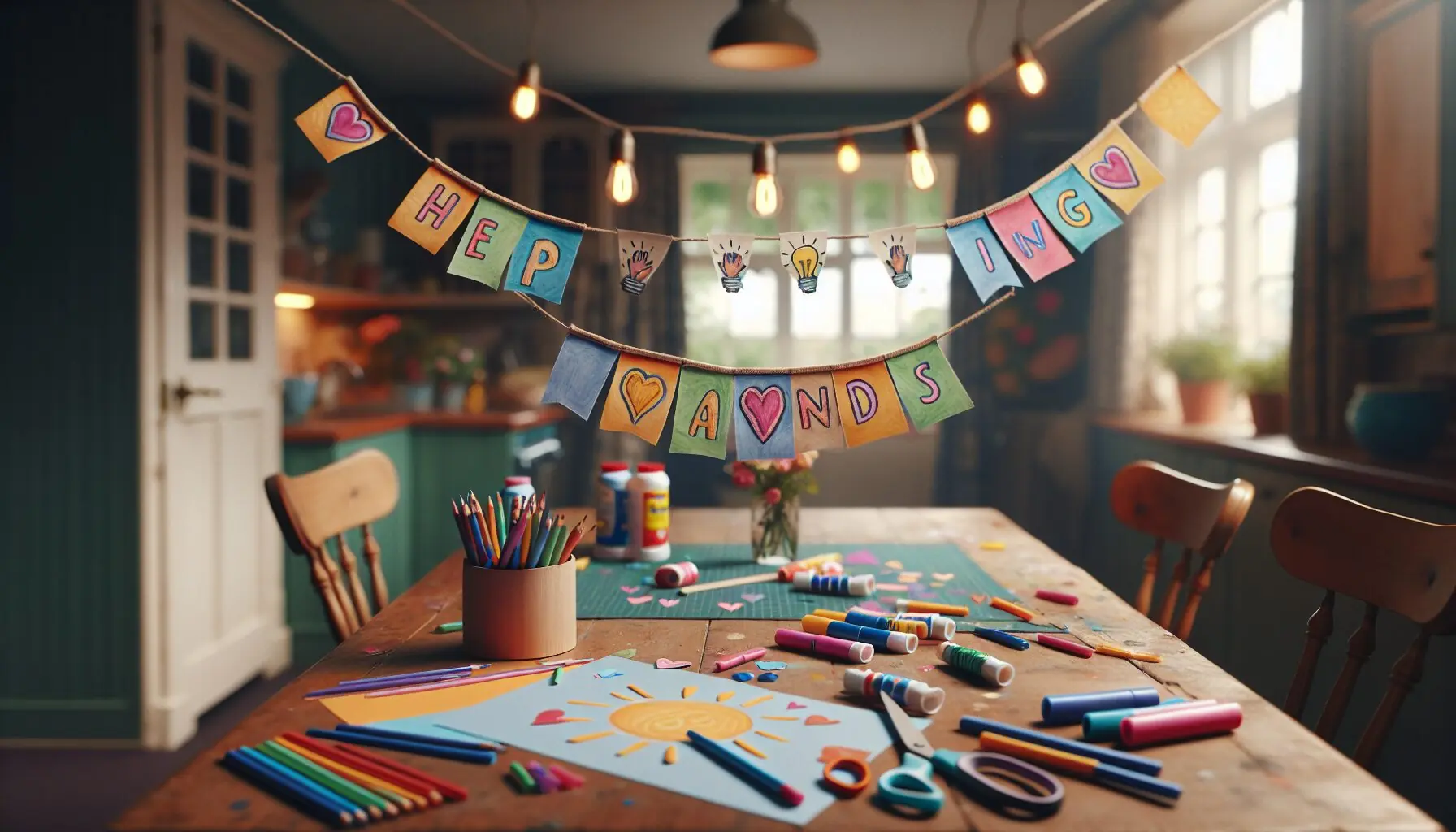 Generate an image of a bright, cheerful banner with the words 'Helping Hands' surrounded by hearts and lightbulbs, symbolizing care and bright ideas.