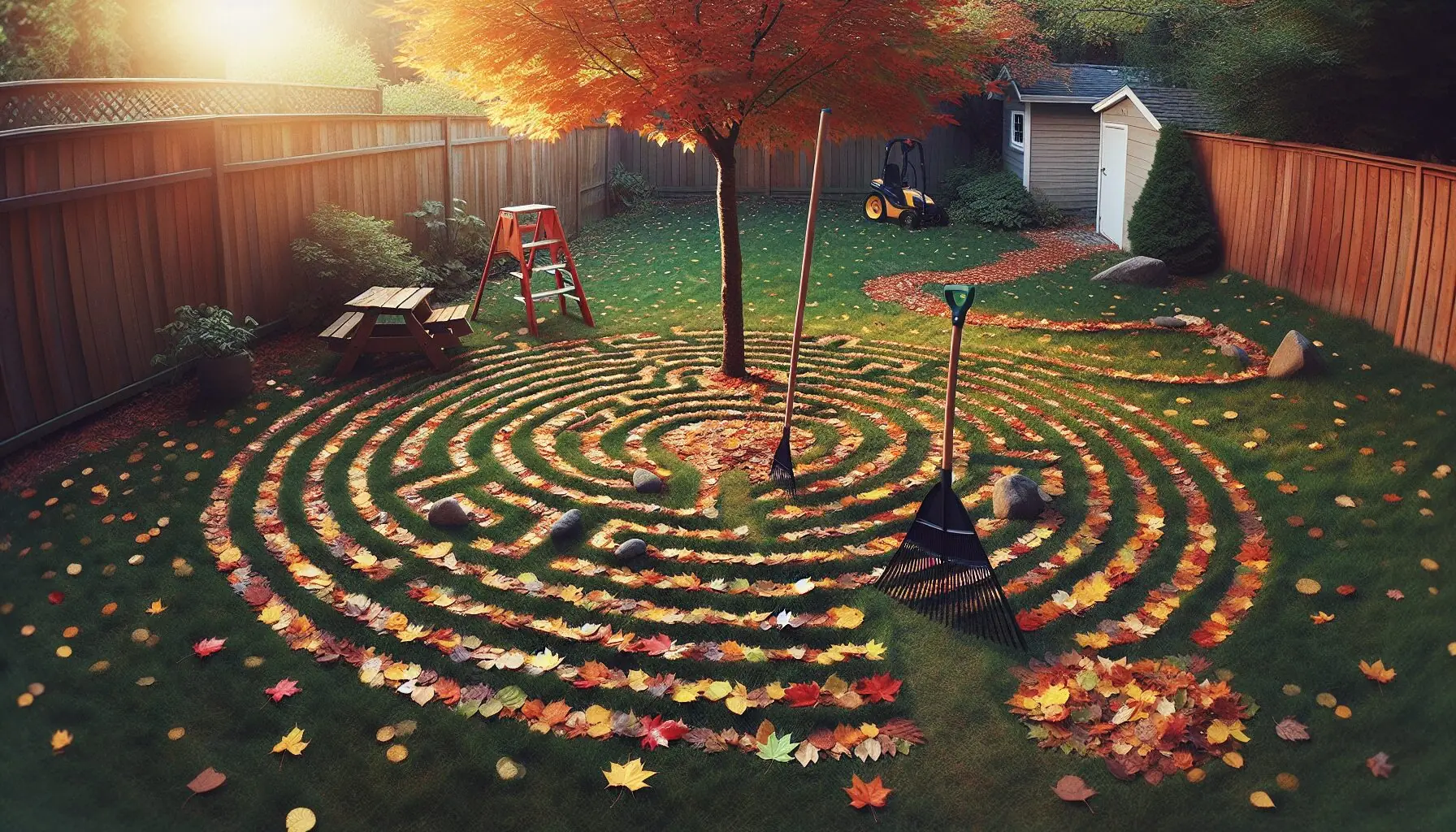 Generate an image of a simple backyard setup with sticks and stones outlining a leaf labyrinth.