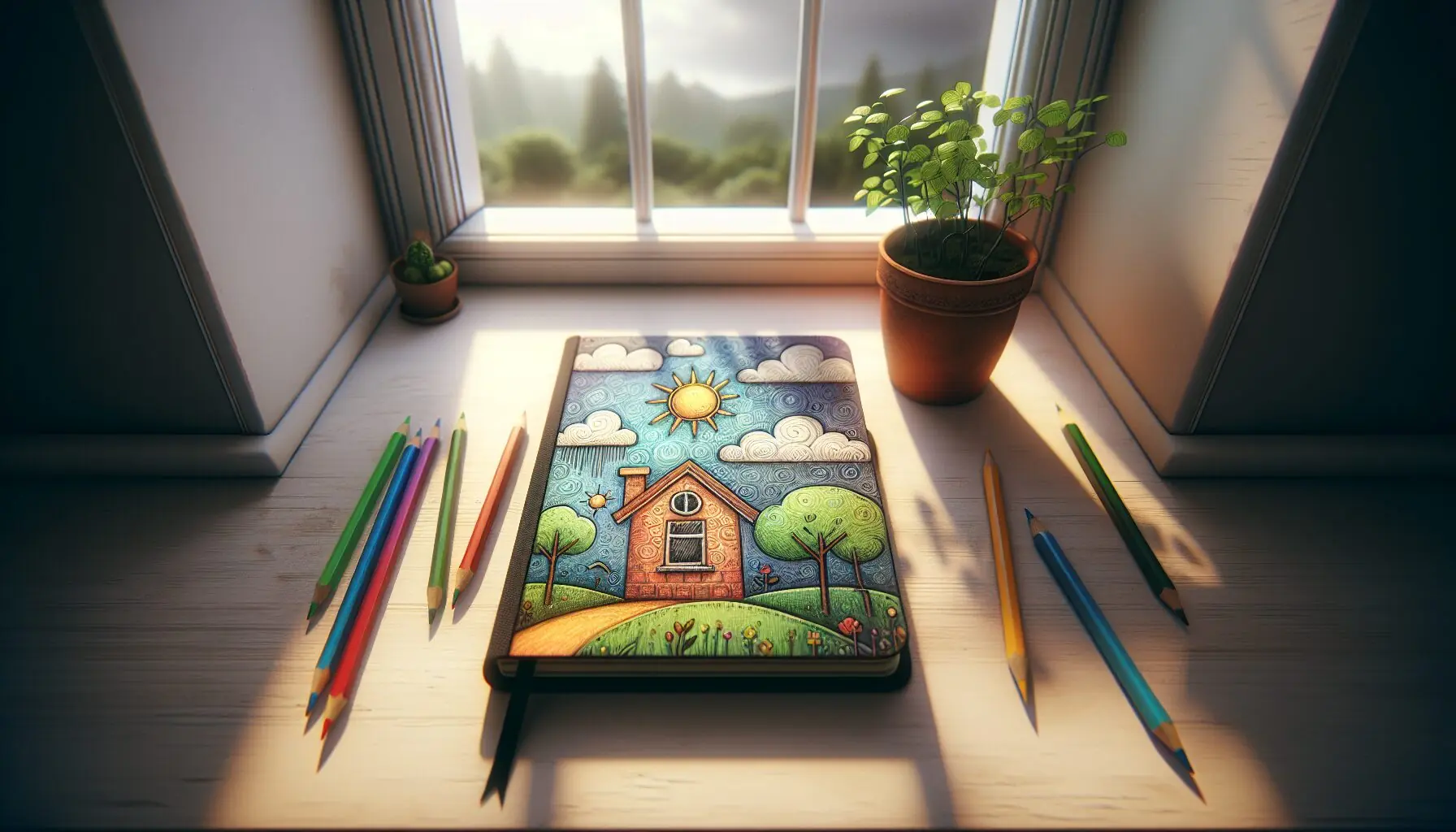 Generate an image of a colorful notebook featuring simple cloud and sun sketches on a tidy desk.