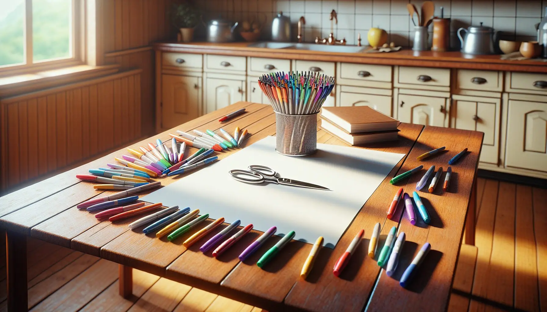 Create an image of a variety of colorful markers and sheets of paper on a crafting table, ready for the 'Helping Hands' activity.
