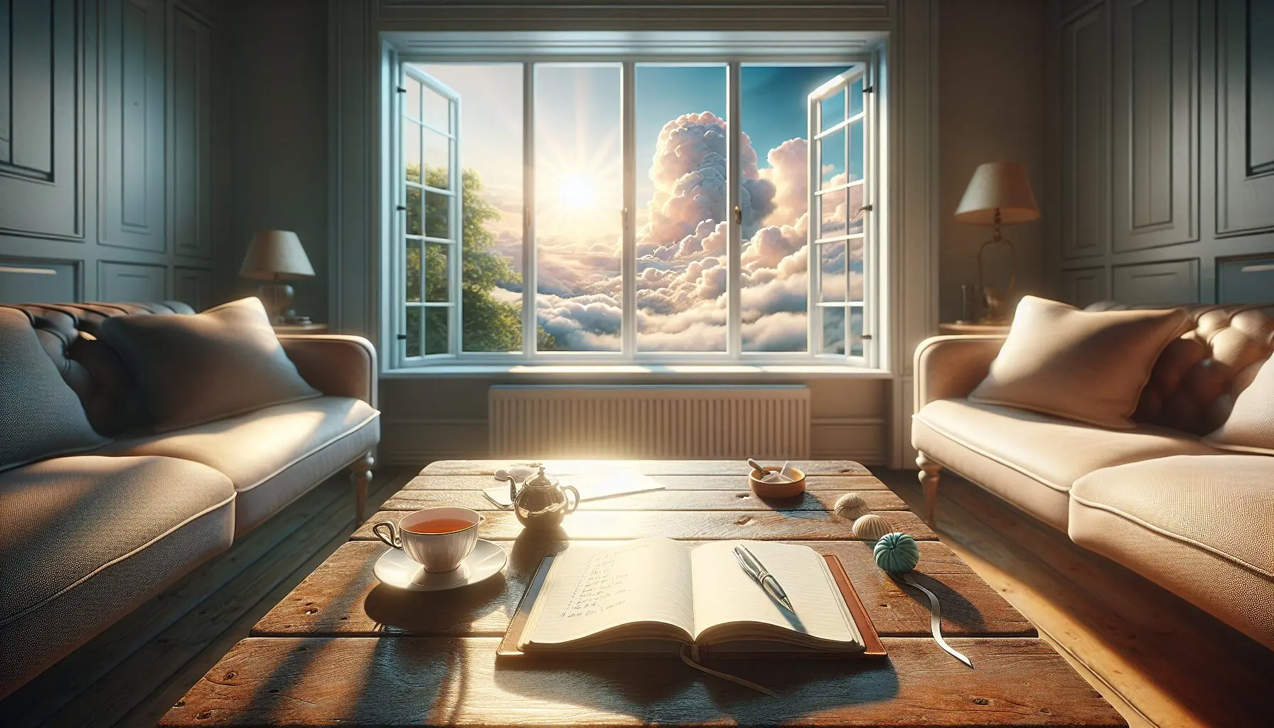 Generate an image of a whimsical sky with sun peeking through clouds.