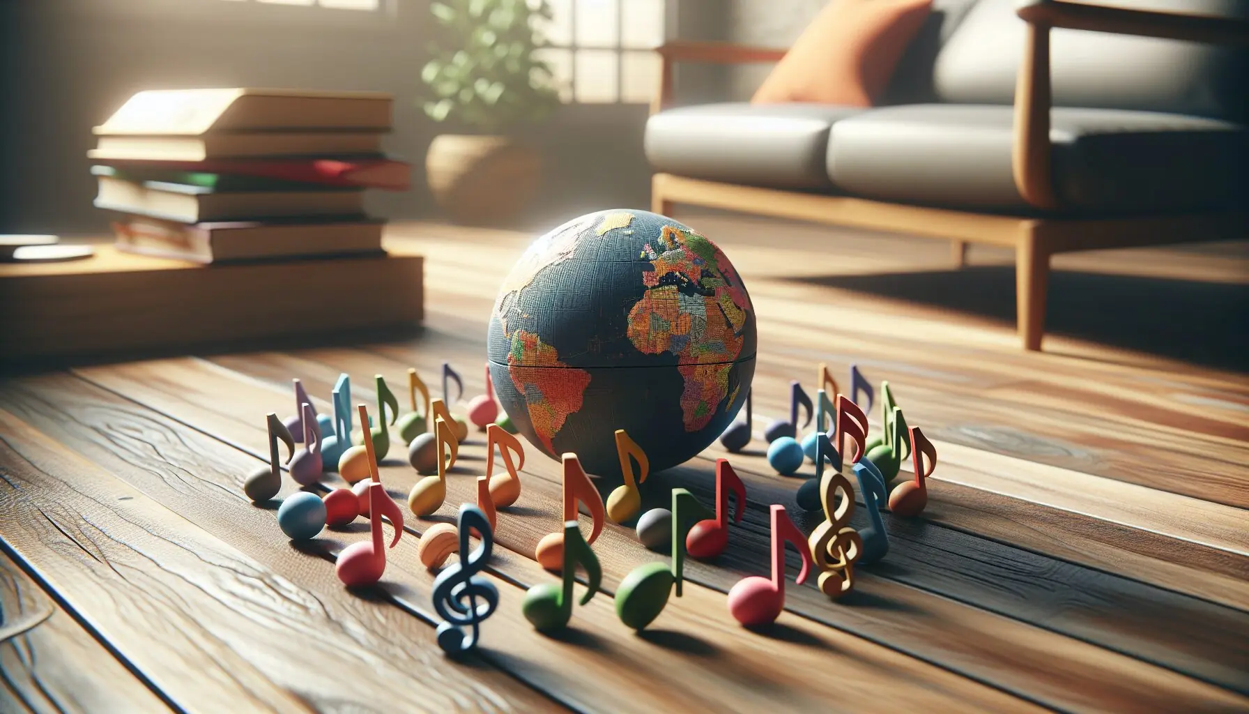 Generate an image of a colorful music note pattern with a globe in the center, symbolizing world music.