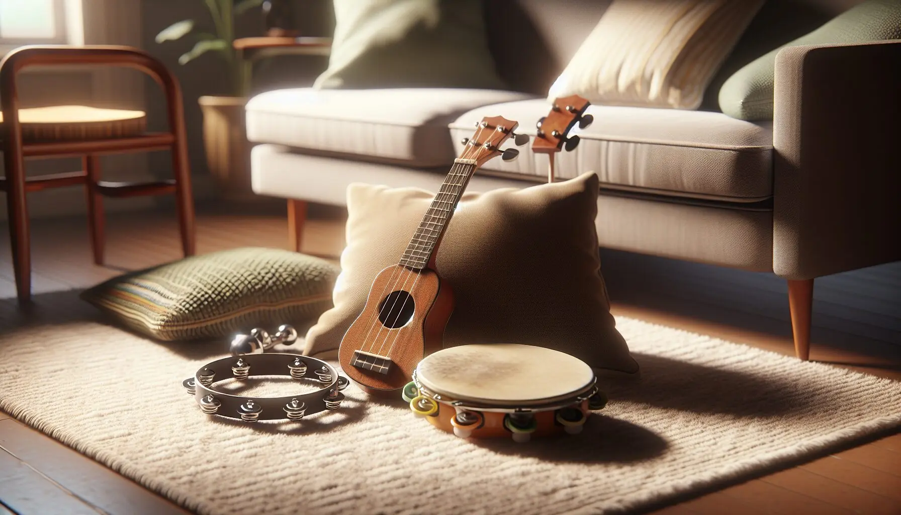 Generate an image of a small collection of different musical instruments, like a ukulele and tambourine.
