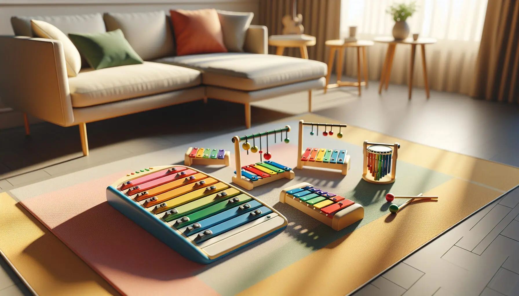 Generate an image of a colorful keyboard and xylophone on a play mat.