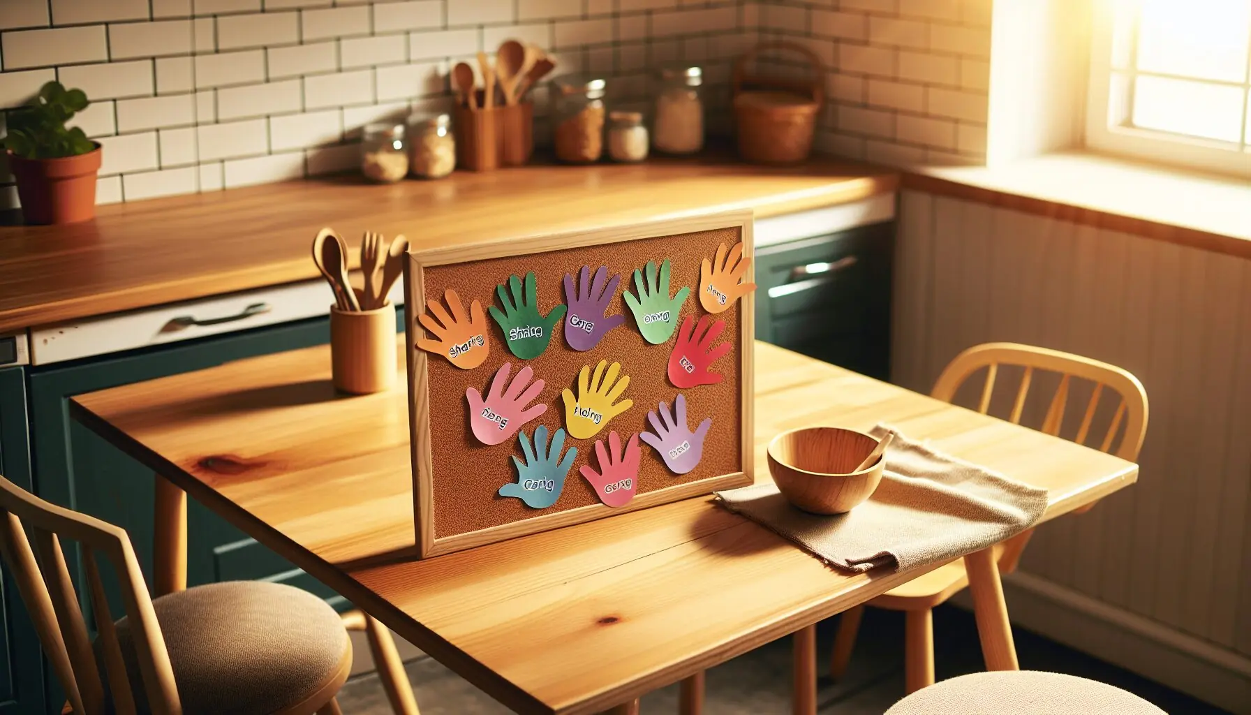 Design an image of handprint cutouts pinned to a corkboard, each with words like 'Sharing' and 'Caring', showing the outcomes of the activity.