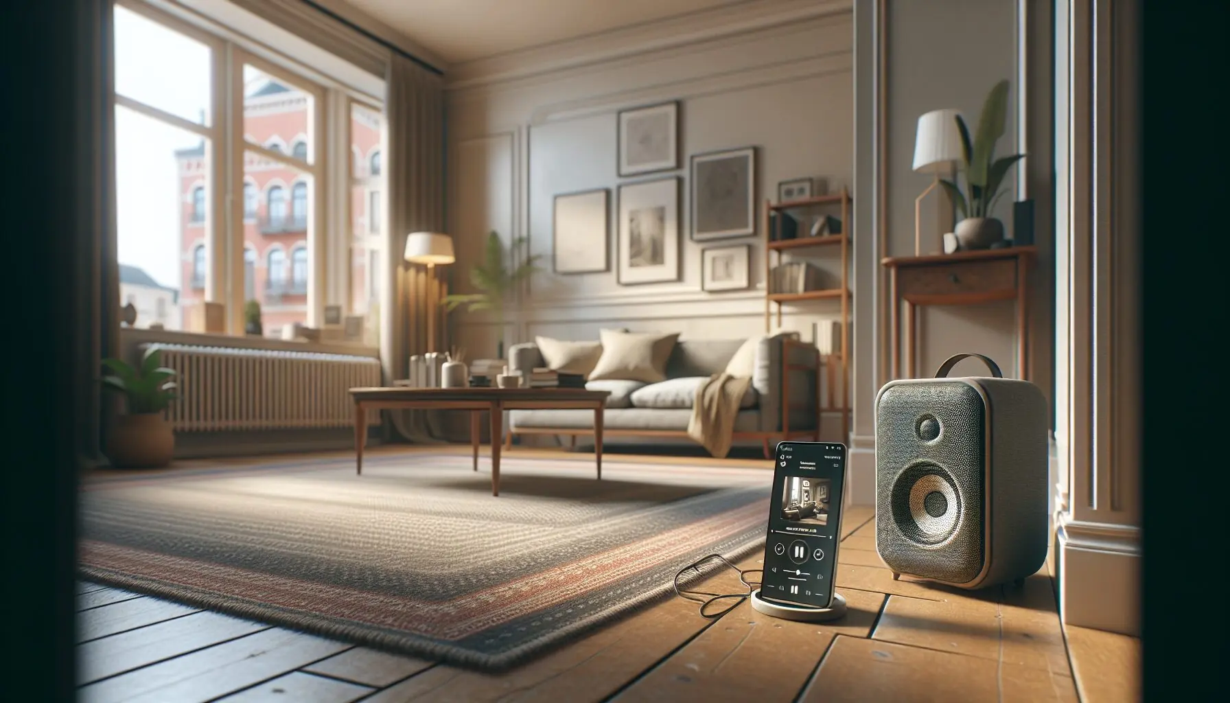 Create an image of an open living room space with a simple sound system setup, ready for a dance activity.