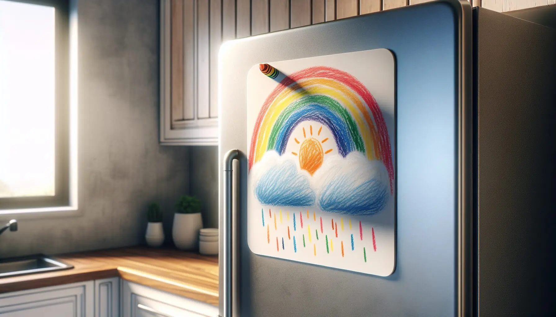 Generate an image showing a child’s drawing of a raincloud with colorful sun rays breaking through, placed on a fridge with a magnet.