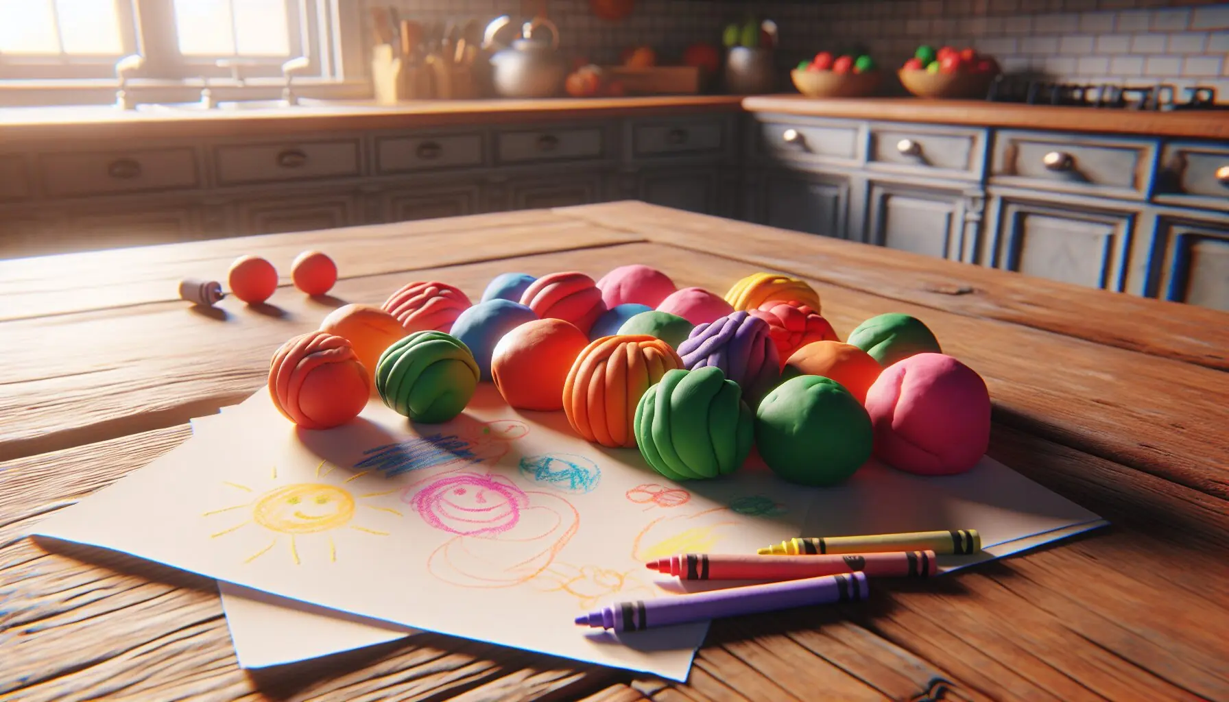 Generate an image of brightly colored playdough balls on a mat, alongside a child's doodles or sketches.