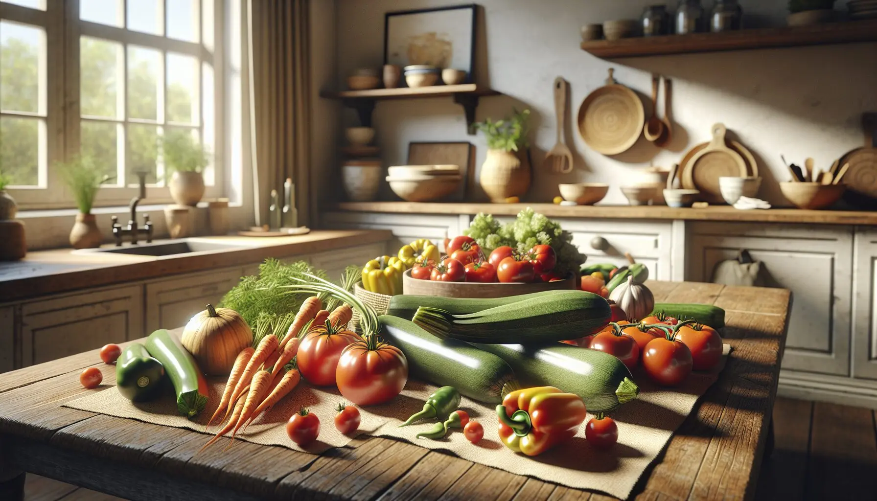 Generate an image of a family kitchen setting with vegetables and a vibrant playful atmosphere.