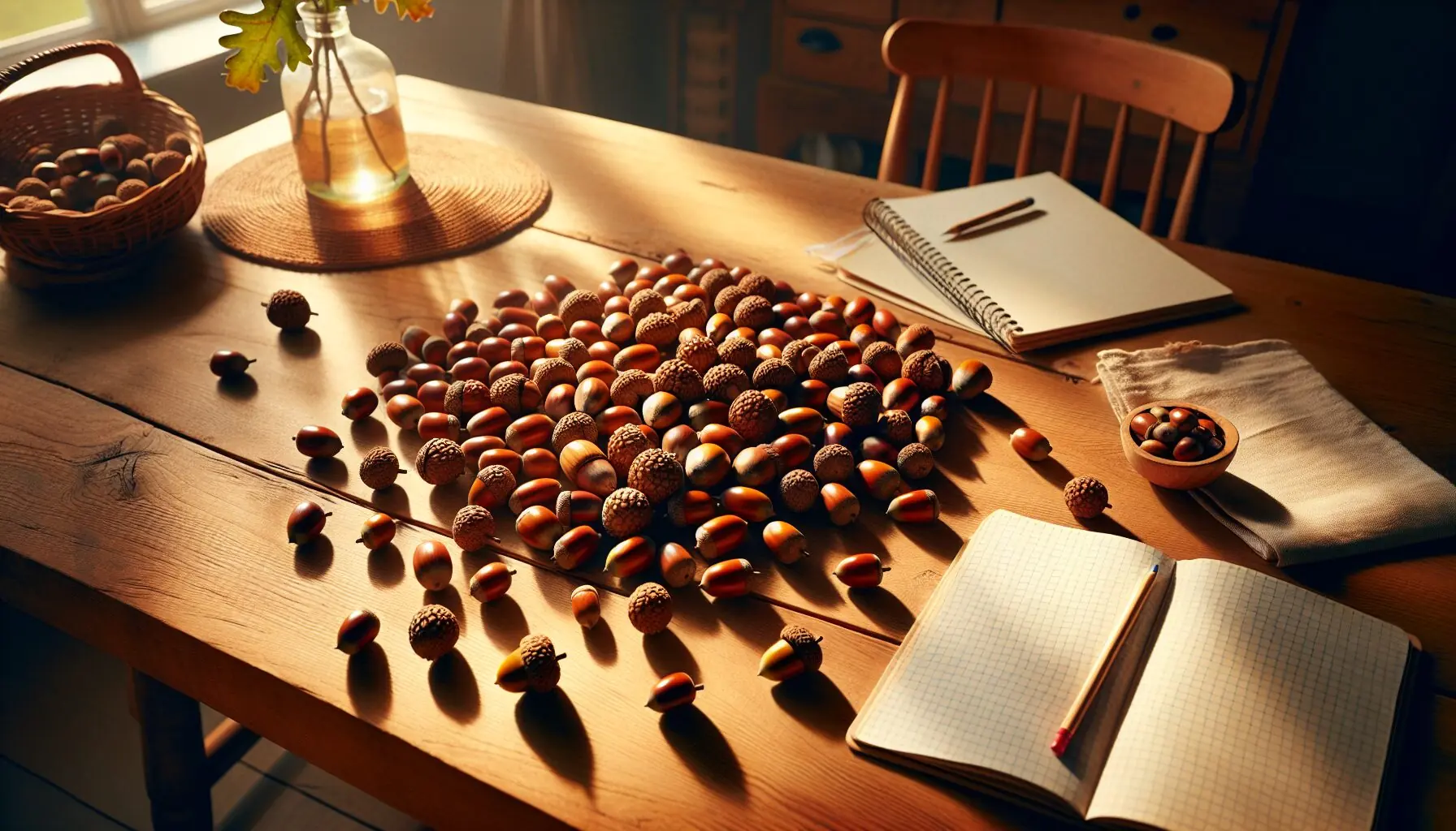 Generate an image of a parent and child happily sorting and counting acorns together, emphasizing acorns and their arrangement.