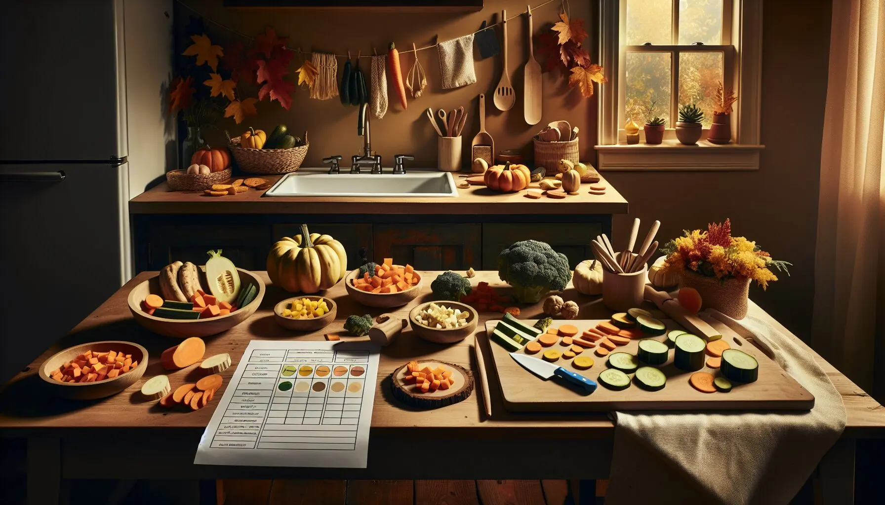 Generate an image of child-safe cutting tools next to sliced vegetables on a kitchen counter.