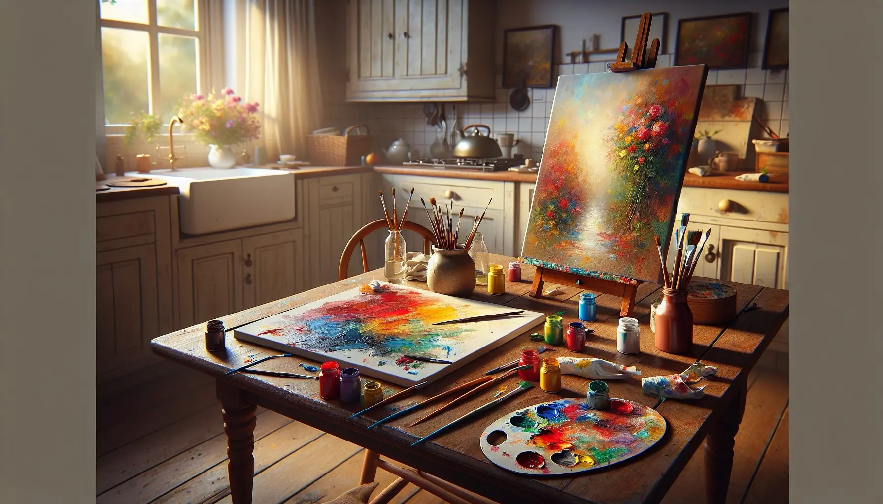 Illustrate a happy artistic scene with abstract colorful art completed on a canvas.