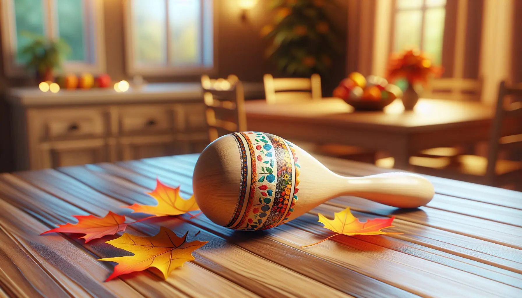 Generate an image of a simple maraca or shaker with autumn-themed decorations.