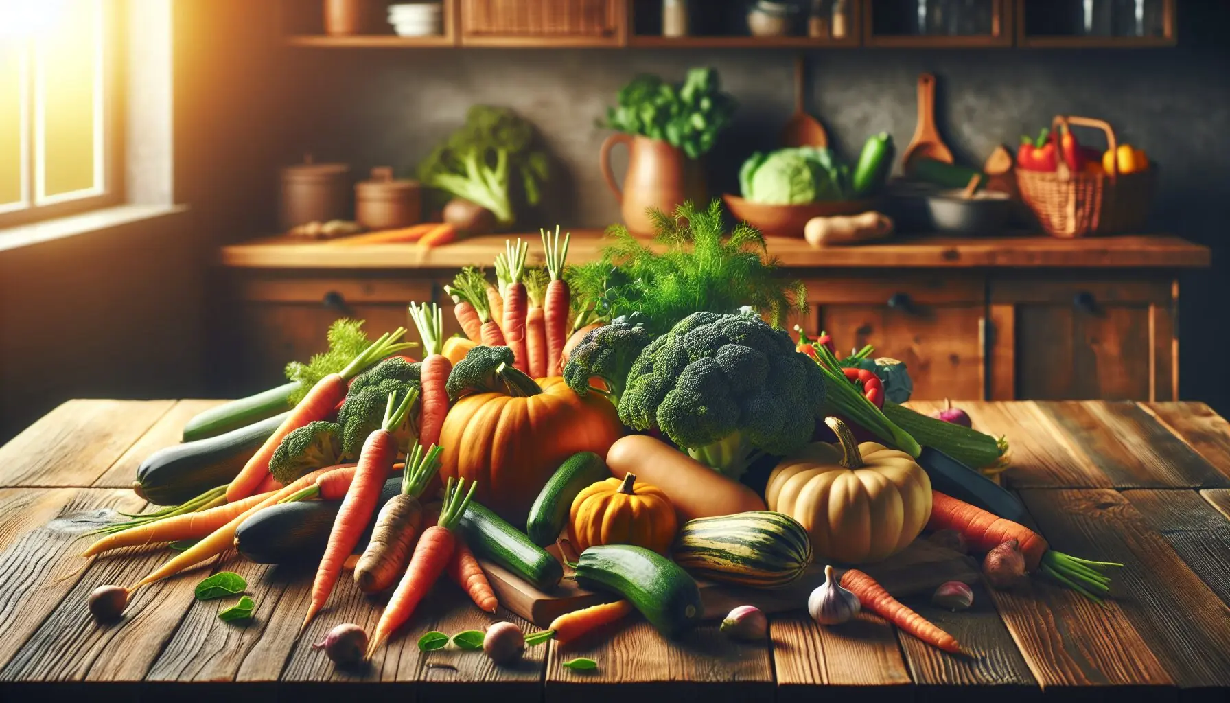 Generate an image of autumn vegetables (carrots, squash, broccoli) on a wooden table.