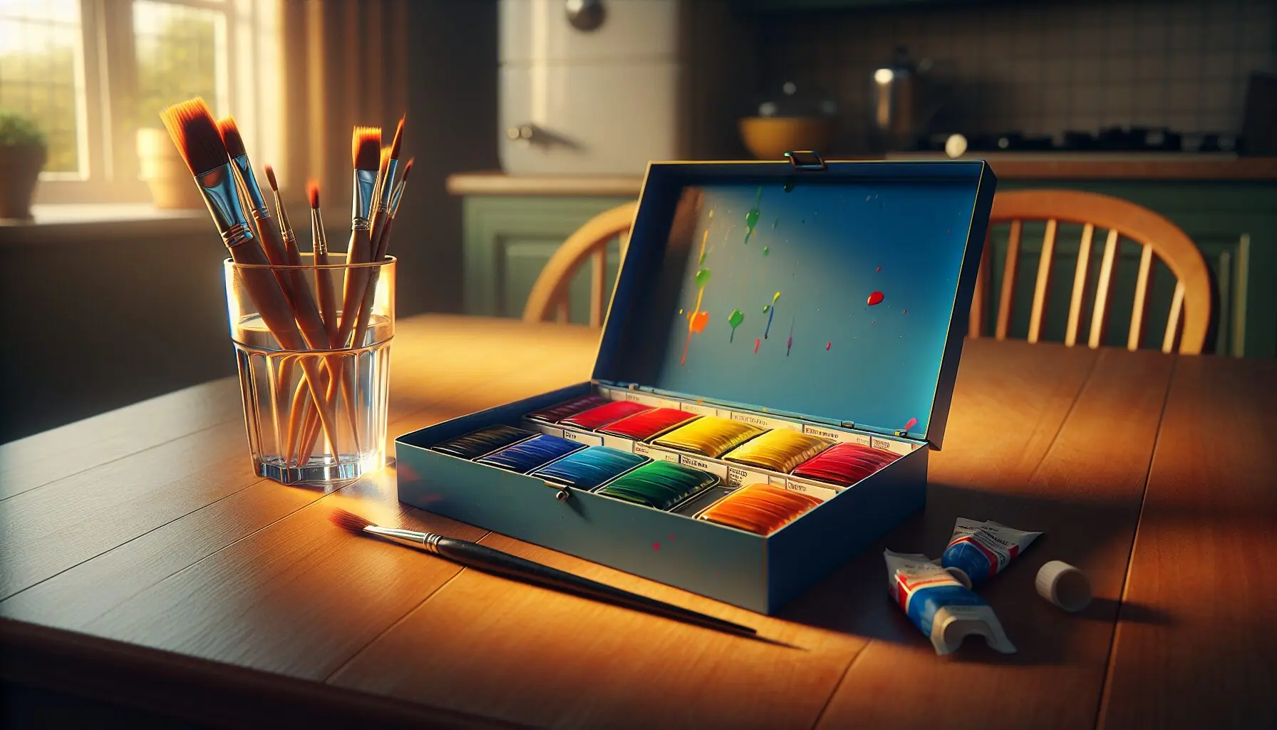 Create an image of a vibrant box of paints with bold colors like red, blue, and yellow.