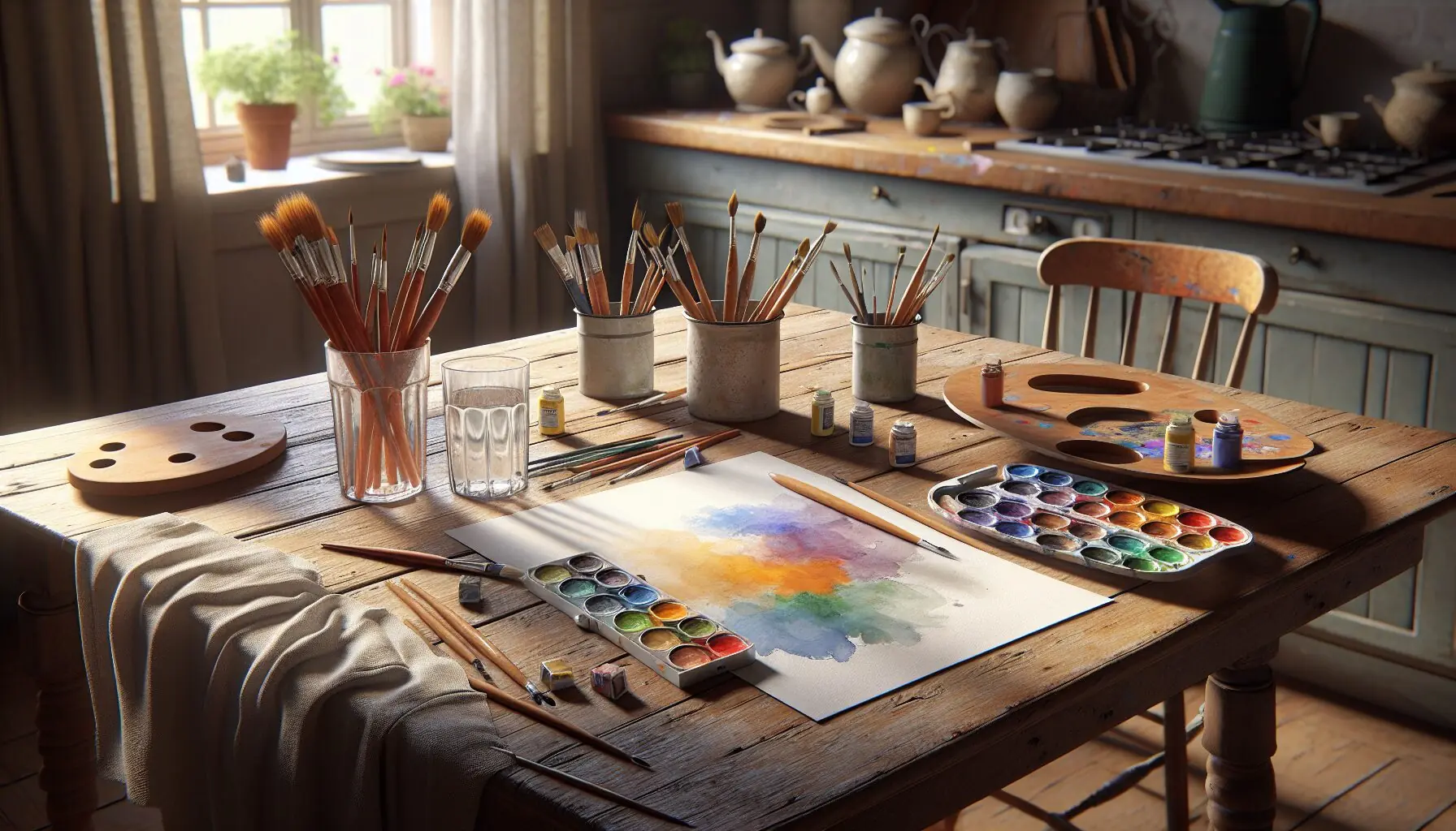 Visualize a child painting on a large paper, surrounded by vivid art supplies and cheerful ambiance.