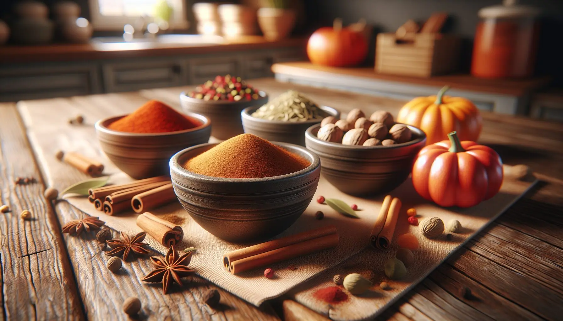 Generate an image of various spices like cinnamon, nutmeg, and pumpkin spice in small bowls on a wooden table.