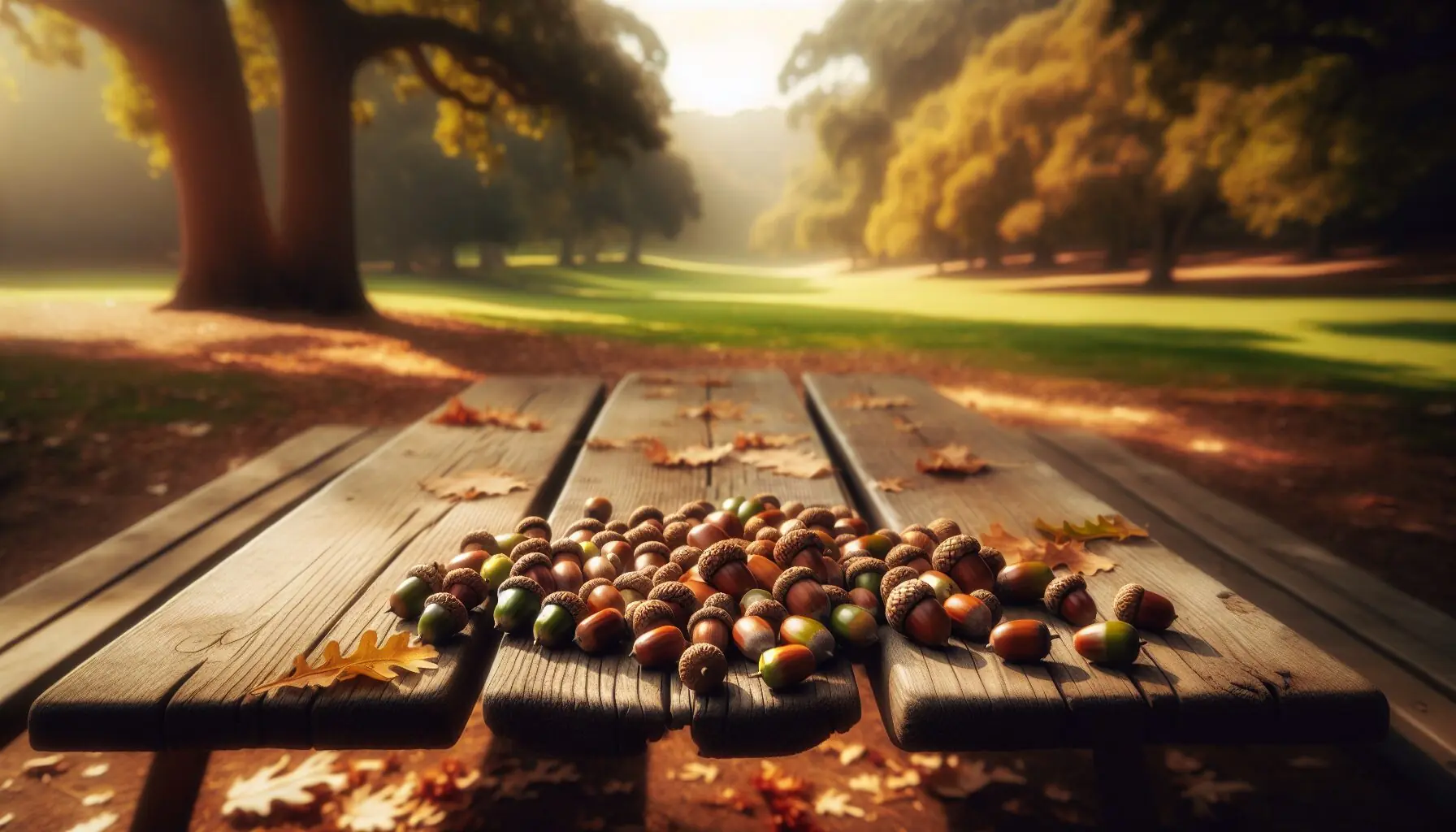 Generate an image of a park setting with scattered acorns on the ground.