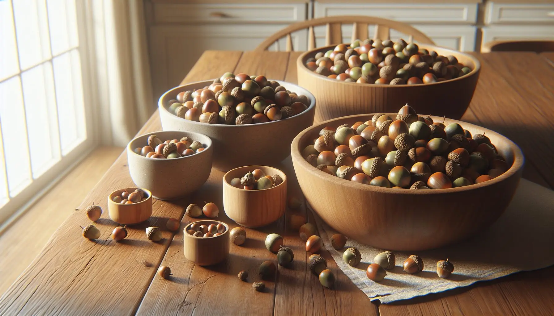 Generate an image showing small bowls with acorns of different colors and sizes.