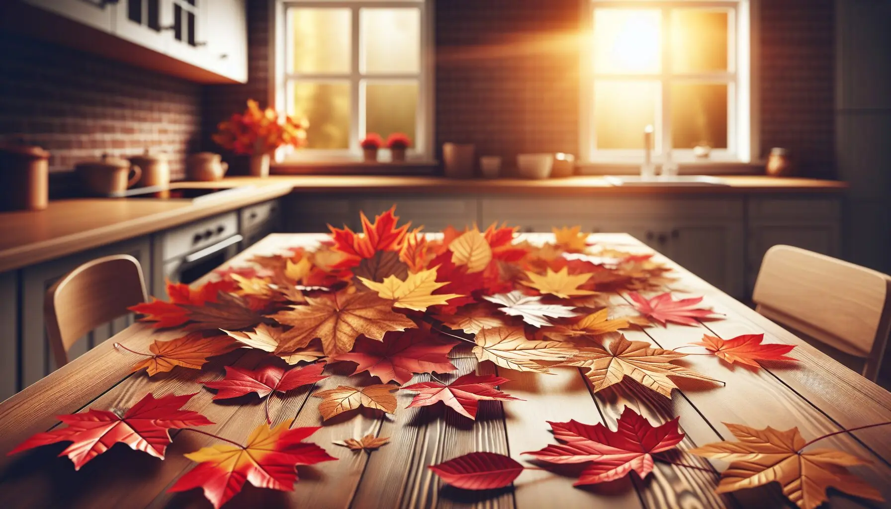 Generate an image of colorful autumn leaves scattered on a wooden table.