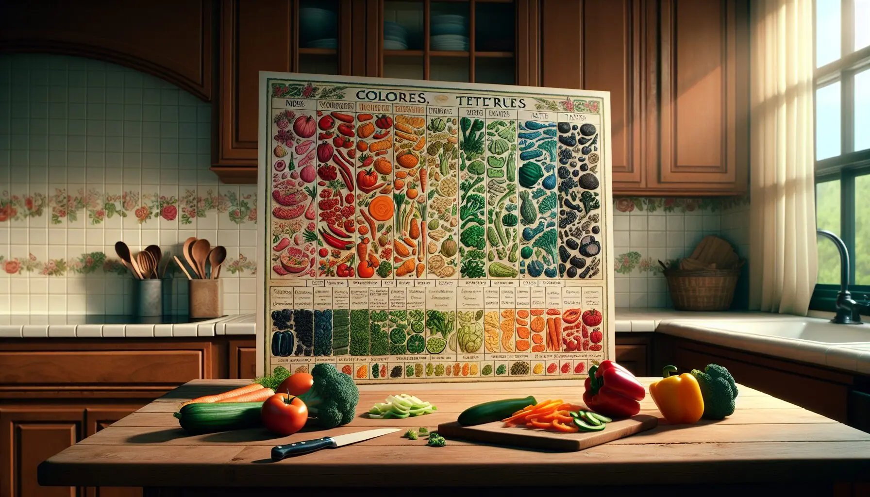 Generate an image of a colorful chart with columns for colors, textures, and tastes, filled with drawings of vegetables.