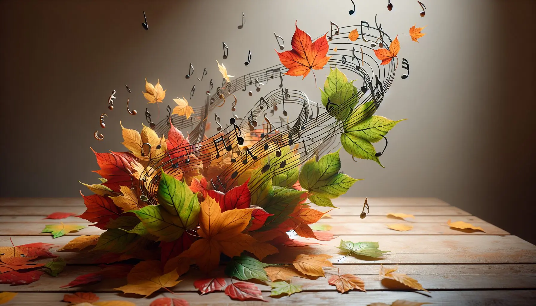 Generate an image of musical notes swirling around autumn leaves in a playful pattern.