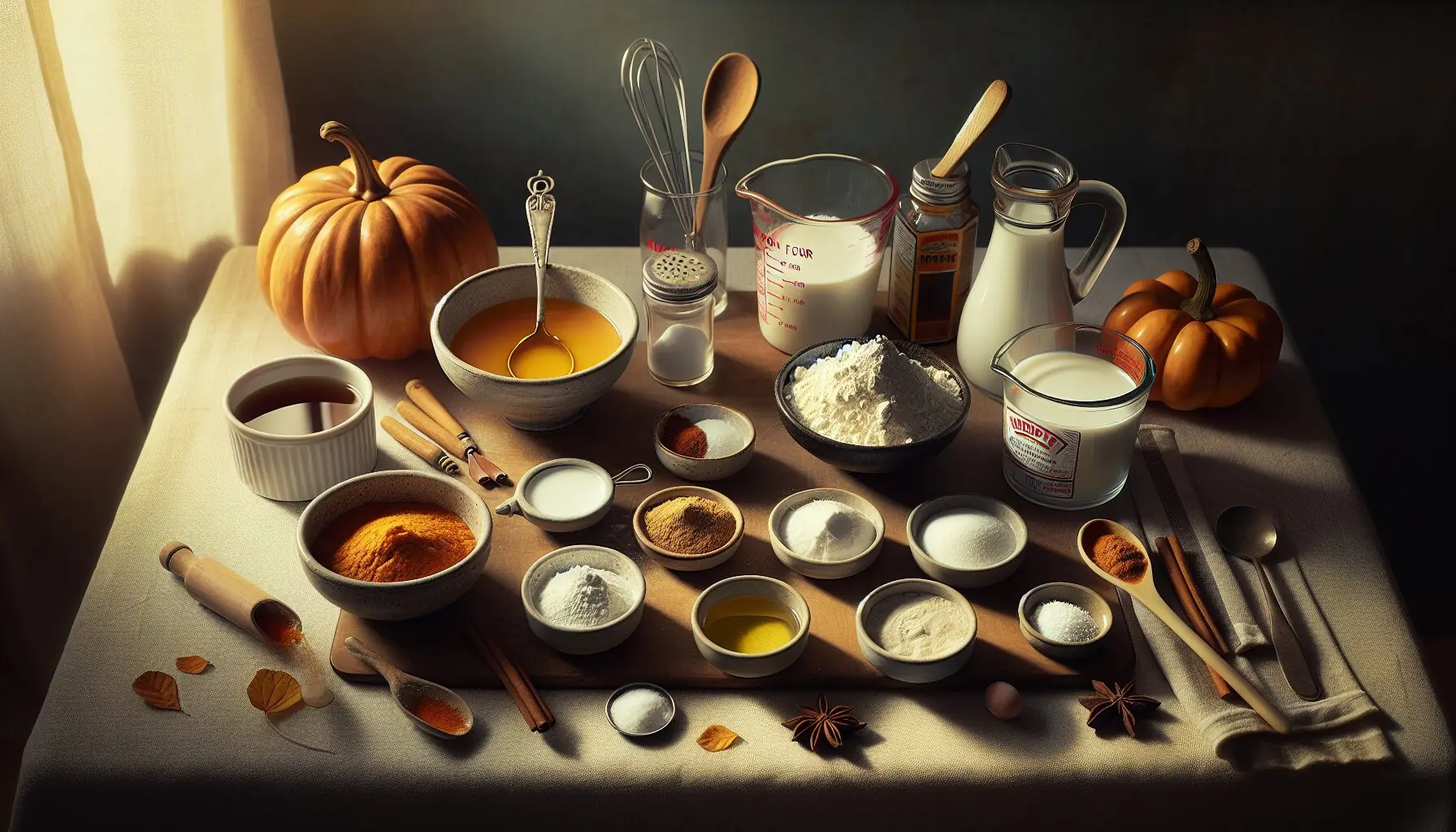 Generate an image of different kitchen ingredients like flour, salt, oil, and measuring cups laid out on a kitchen counter.