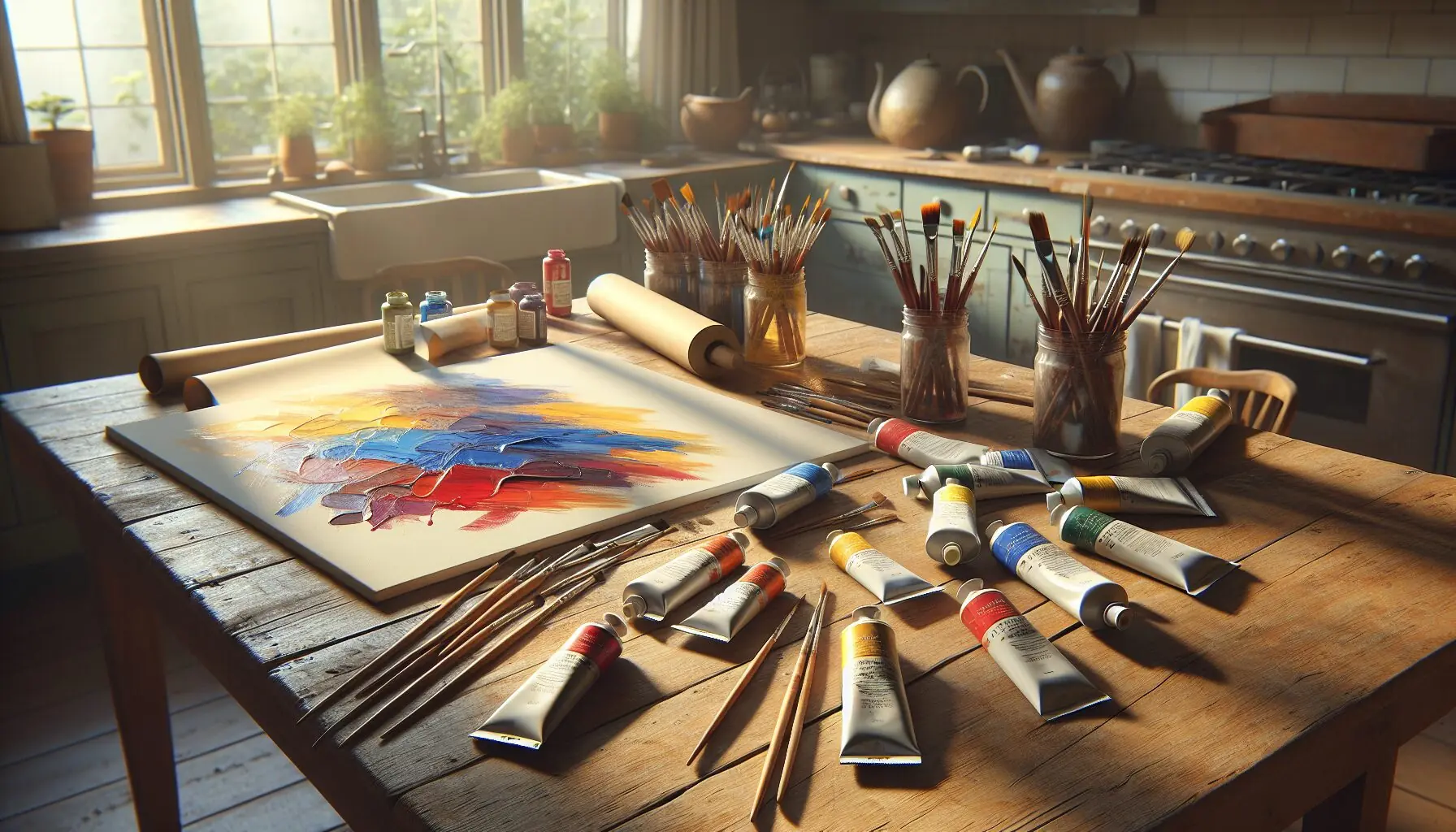 Generate an image of a cozy art setup featuring a canvas, paintbrushes, and colorful paints.