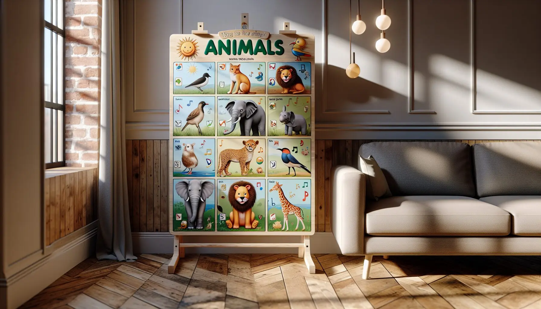 Generate an image of a cheerful animal-themed play chart hanging on a wall, with colorful illustrations of different animals.