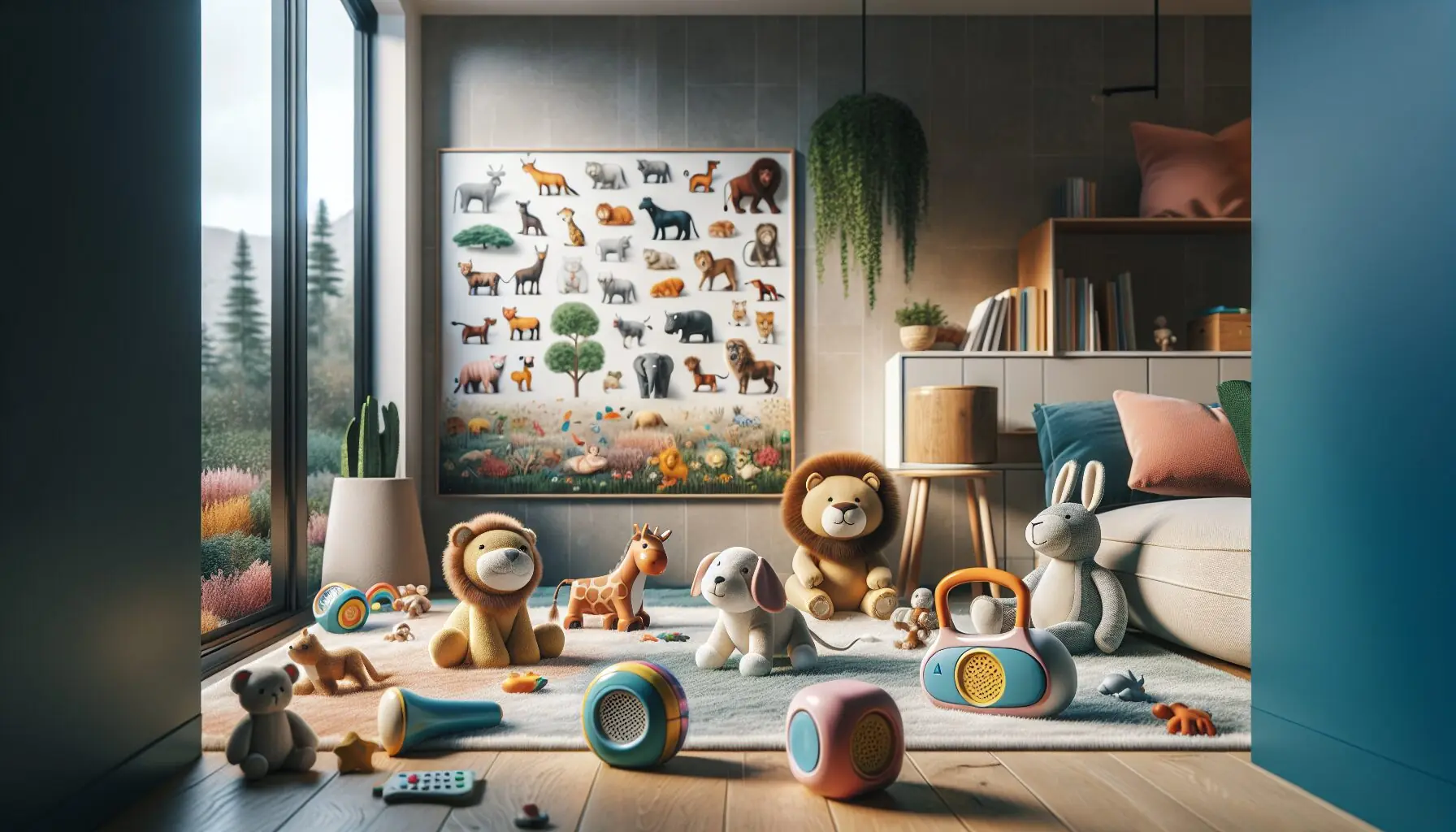 Generate an image of a cozy playroom with a variety of plush animal toys scattered around, inviting interactive play.