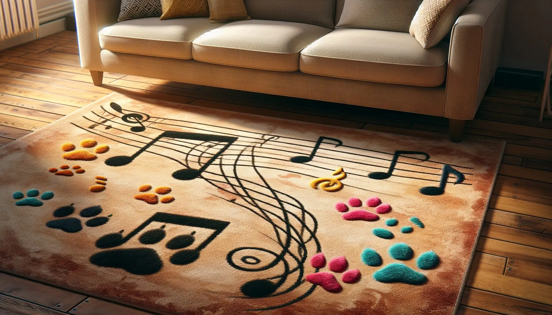 Generate an image showing a close-up of musical notes intertwined with colorful animal paw prints to symbolize sound and play.