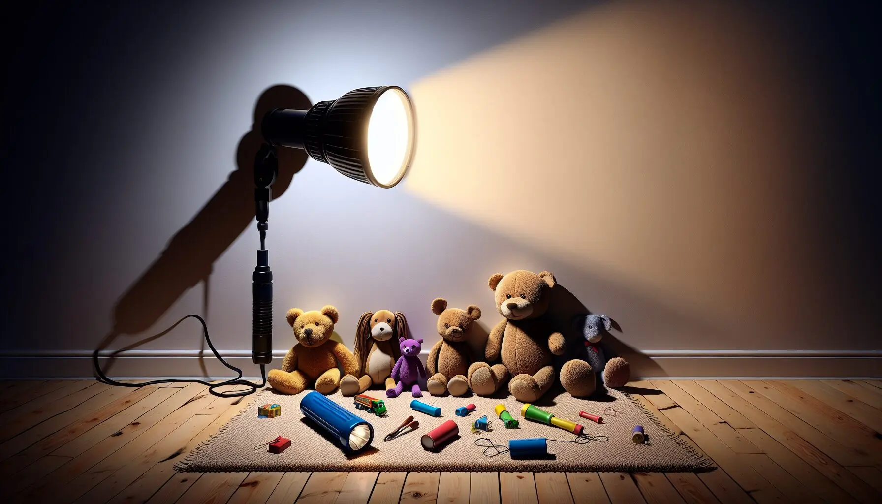 Create an image showing a selection of simple items like a flashlight and soft toys in front of a plain wall.
