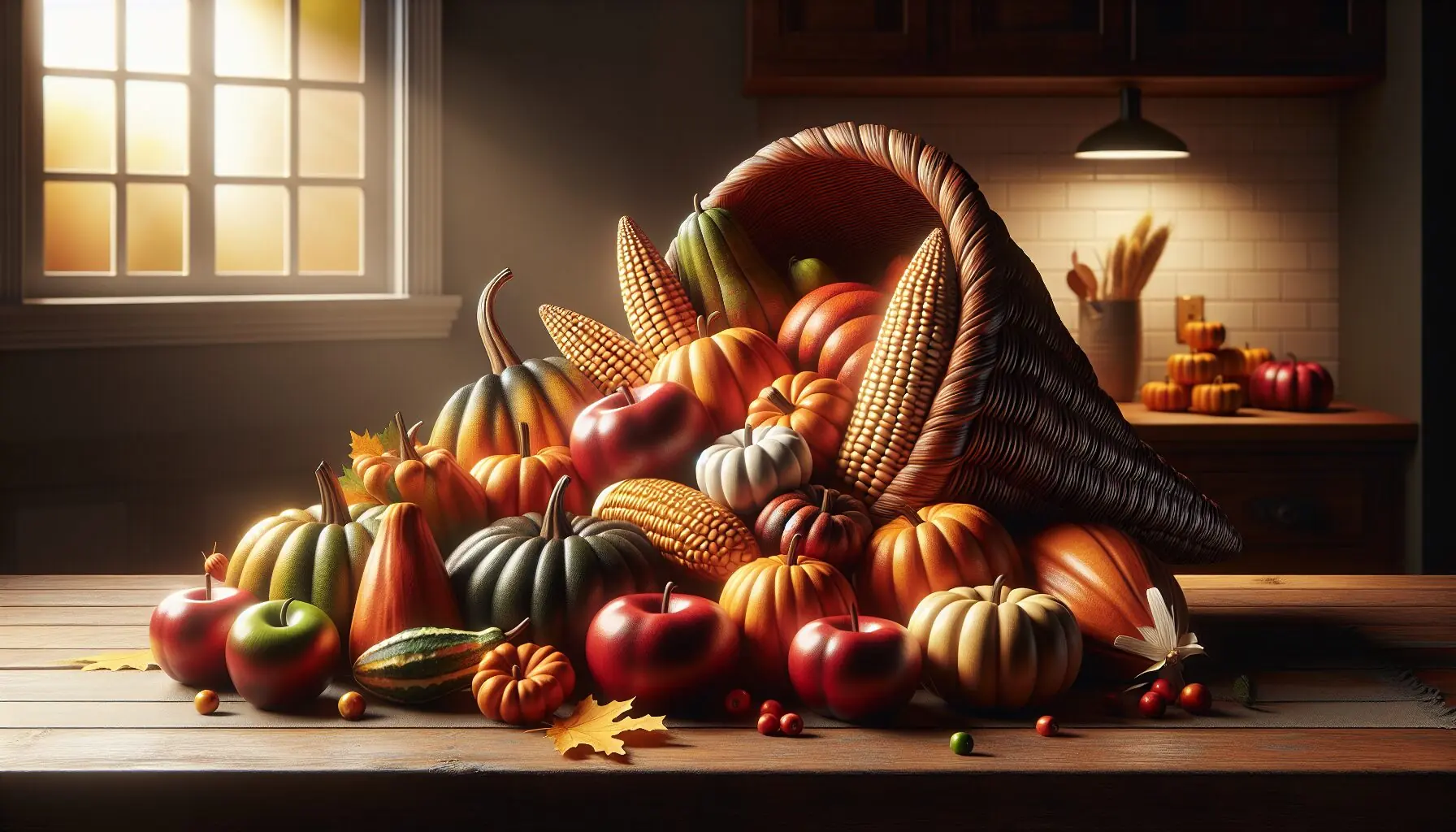 Generate an image of an autumn cornucopia filled with colorful fruits and vegetables.