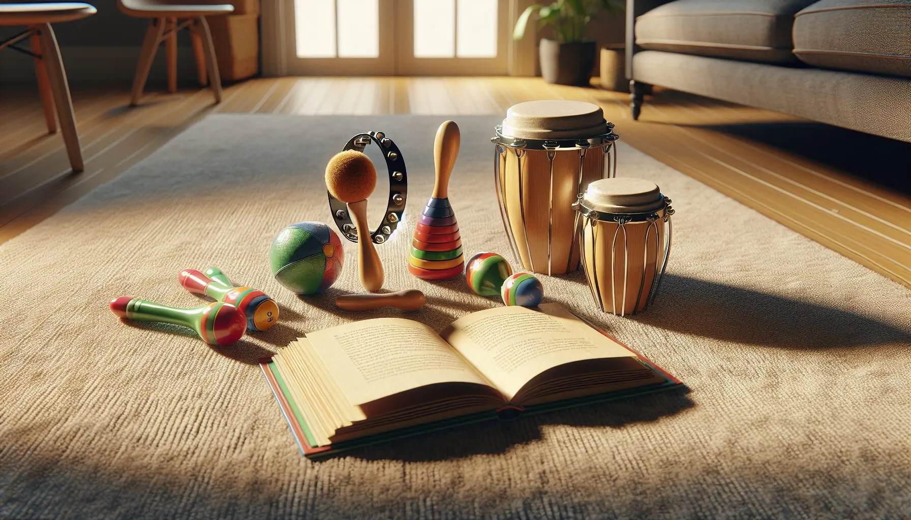 Generate an image of colorful percussion instruments scattered beside an open storybook.