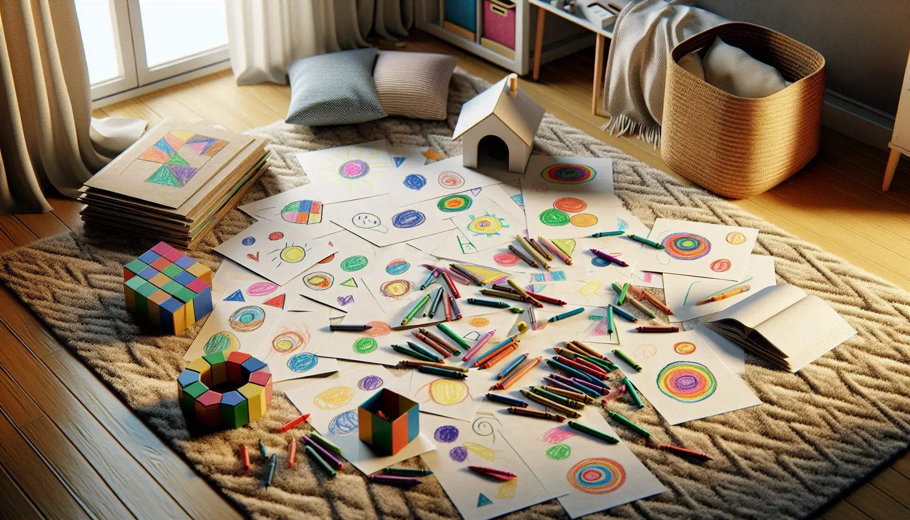 Generate an image of a child's drawings of discovered objects with matching shapes, laid out on a carpet.