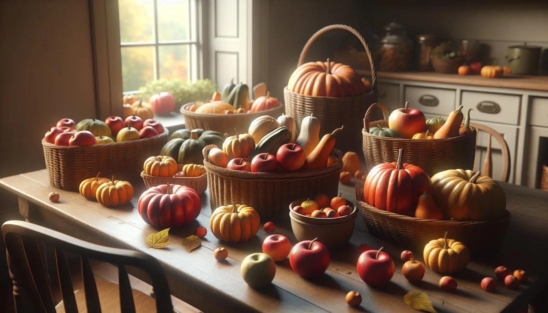 Create an illustration of an assortment of baskets with various fruits and vegetables ready for sorting.
