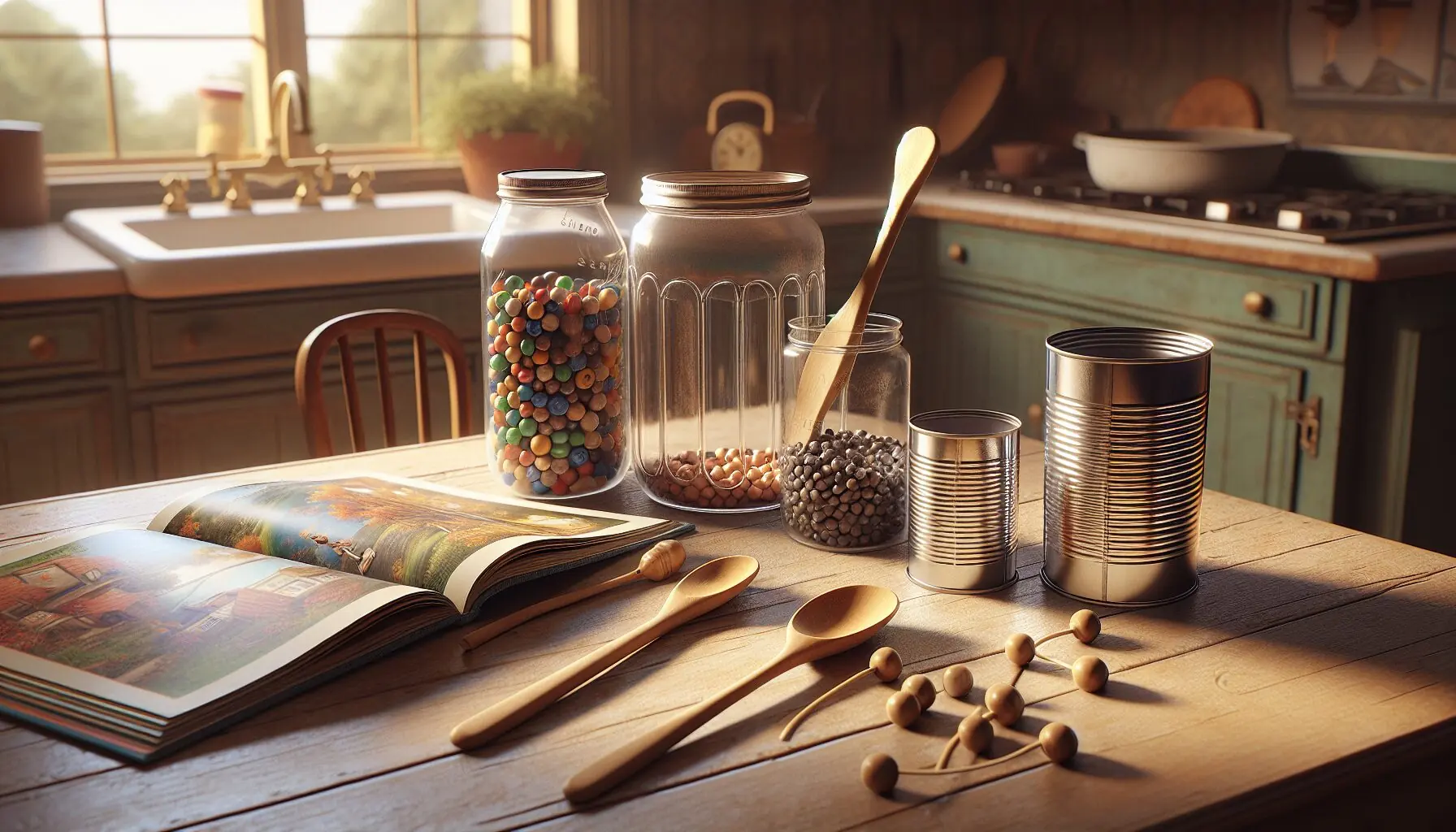 Generate an image of homemade percussion instruments made from household items like jars and spoons.