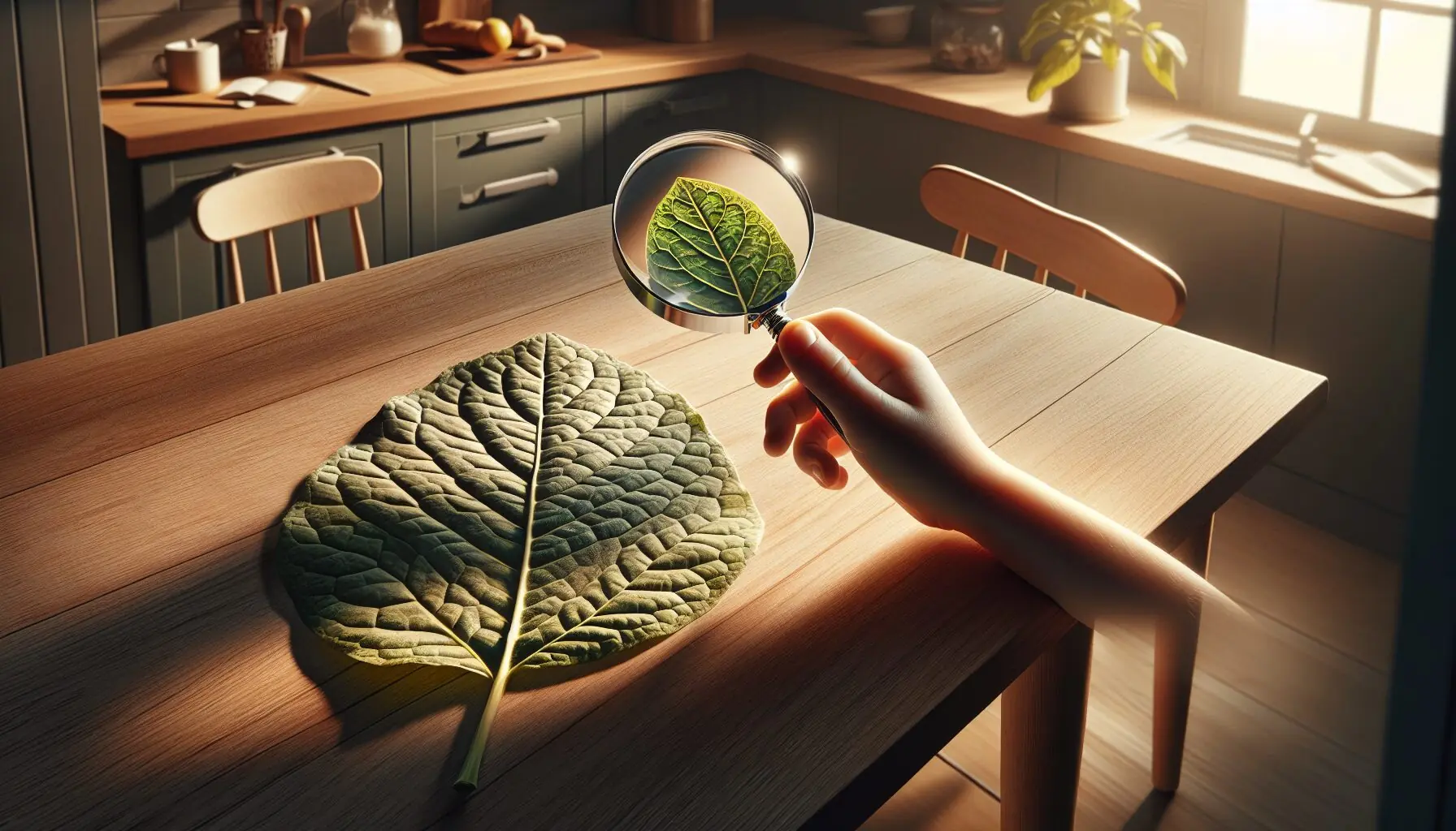 Generate an image of a child's hand holding a small magnifying glass over a leaf during a nature walk.