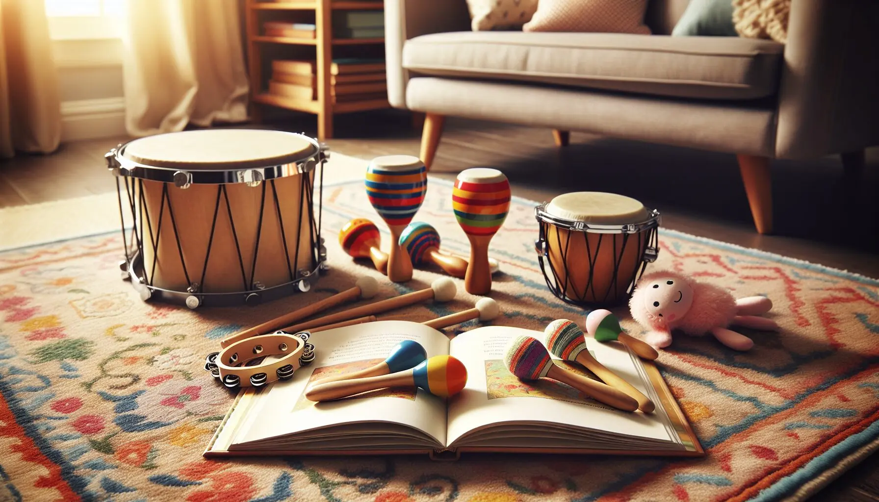 Generate an image of a parent and child silhouetted laughing, surrounded by musical notes and storybook illustrations.