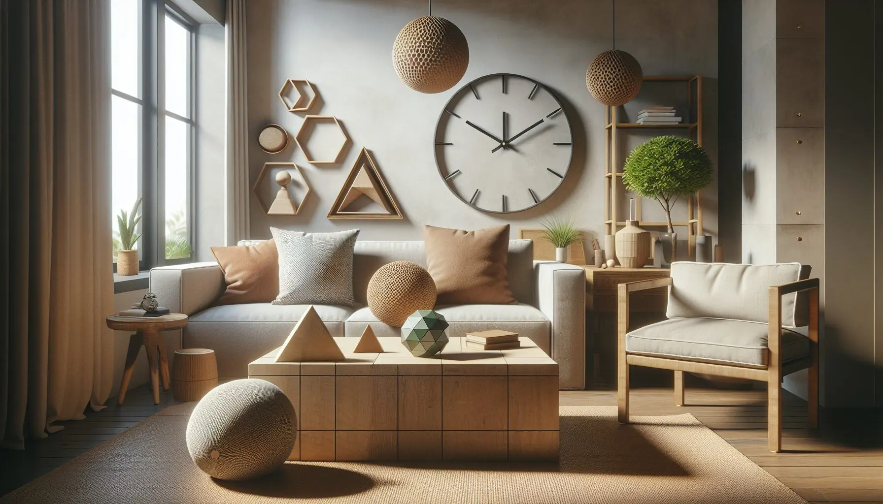 Generate an image of various household shapes like a circular clock, square cushion, and triangular object on a table.