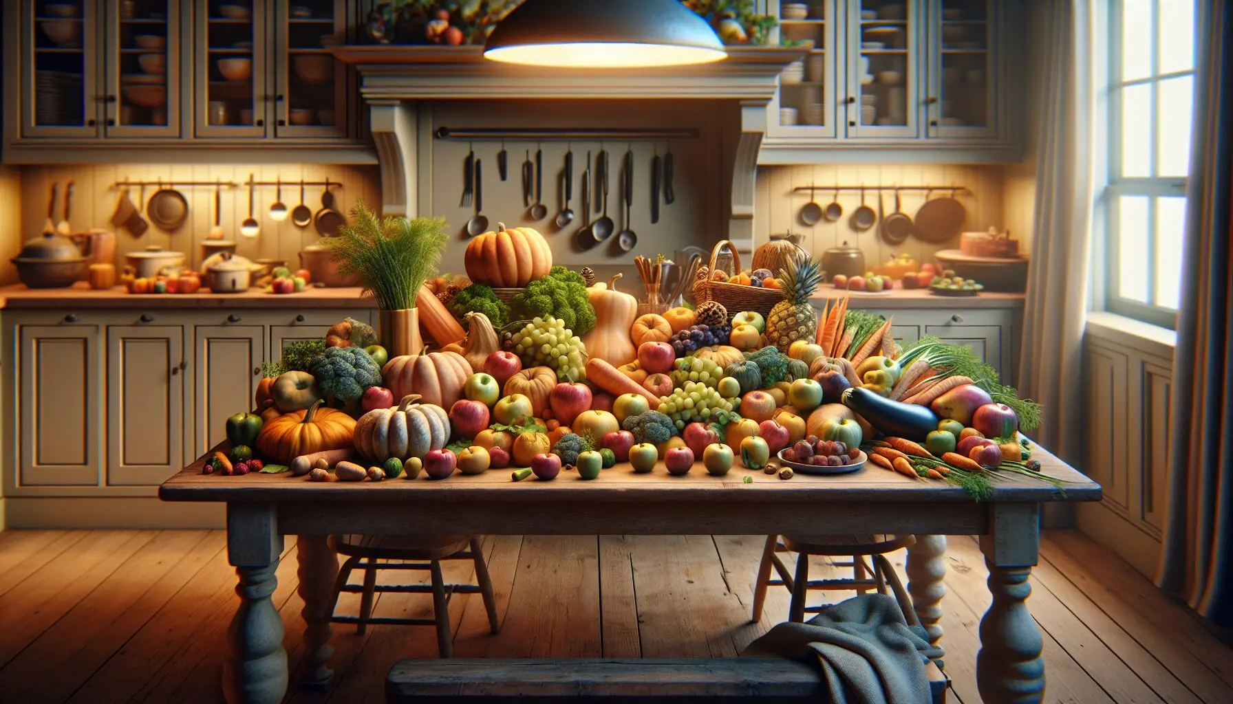Draw a cozy family kitchen filled with fruits and vegetables, highlighting the engagement and interaction.