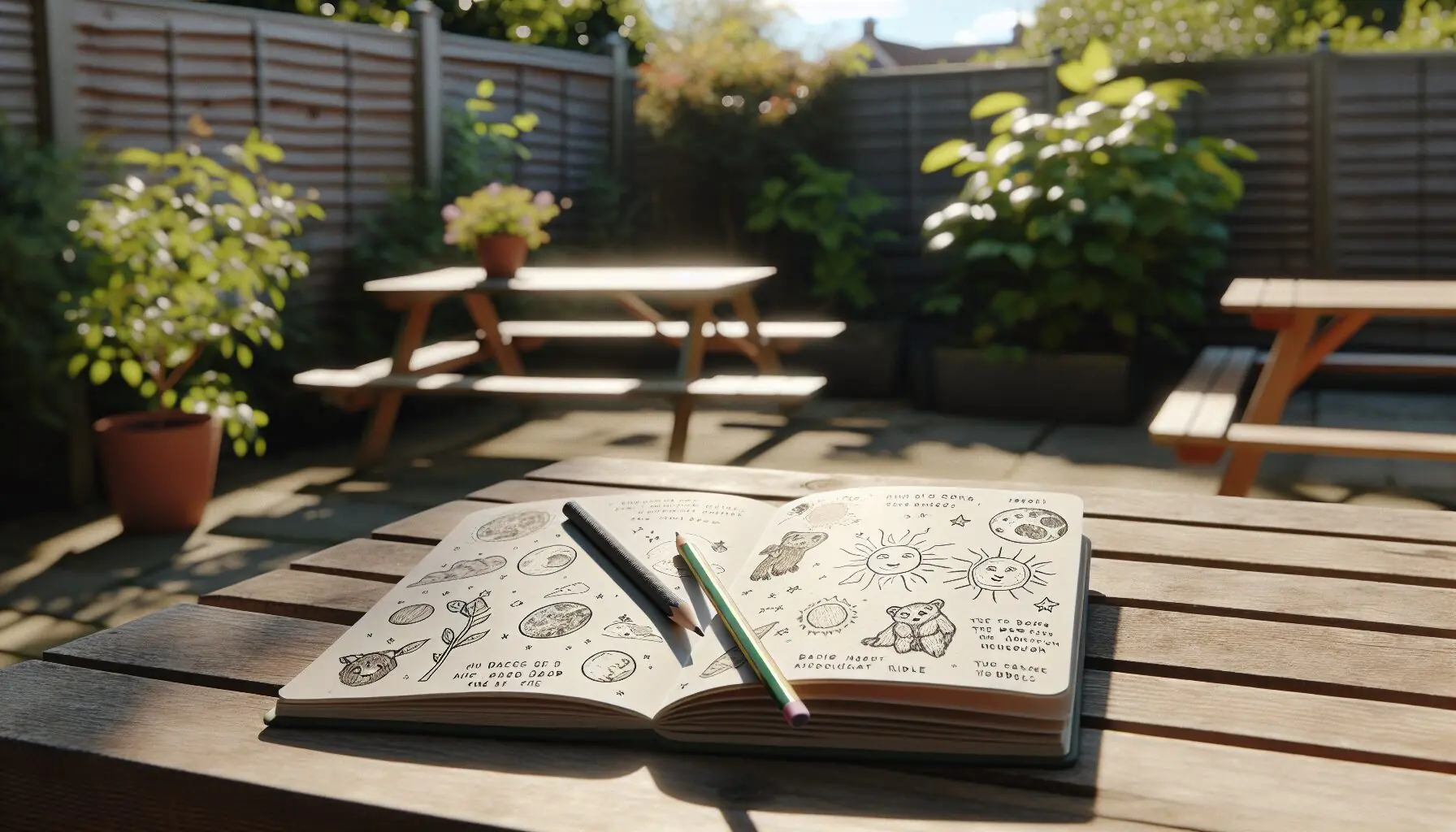 Generate an image of a notebook with illustrations and a pencil, open to a page with doodled nature questions.