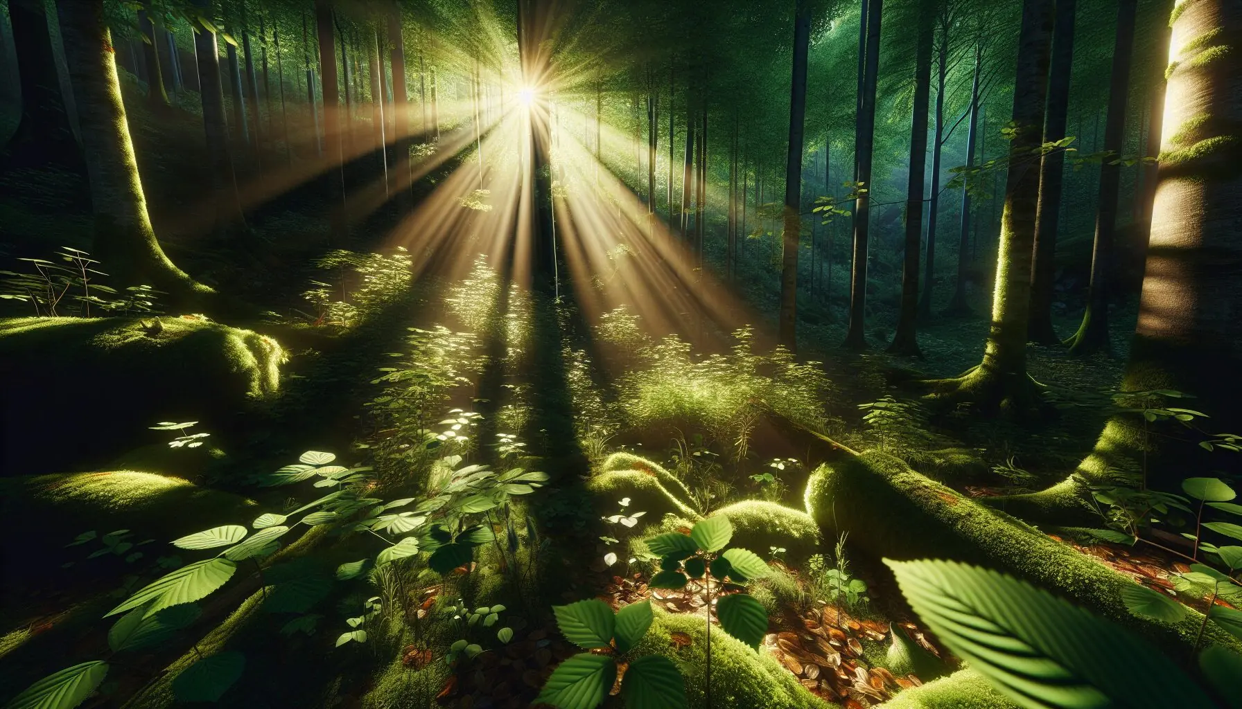 Generate an image of a dense forest with a sunbeam breaking through, symbolizing nature's riddles.