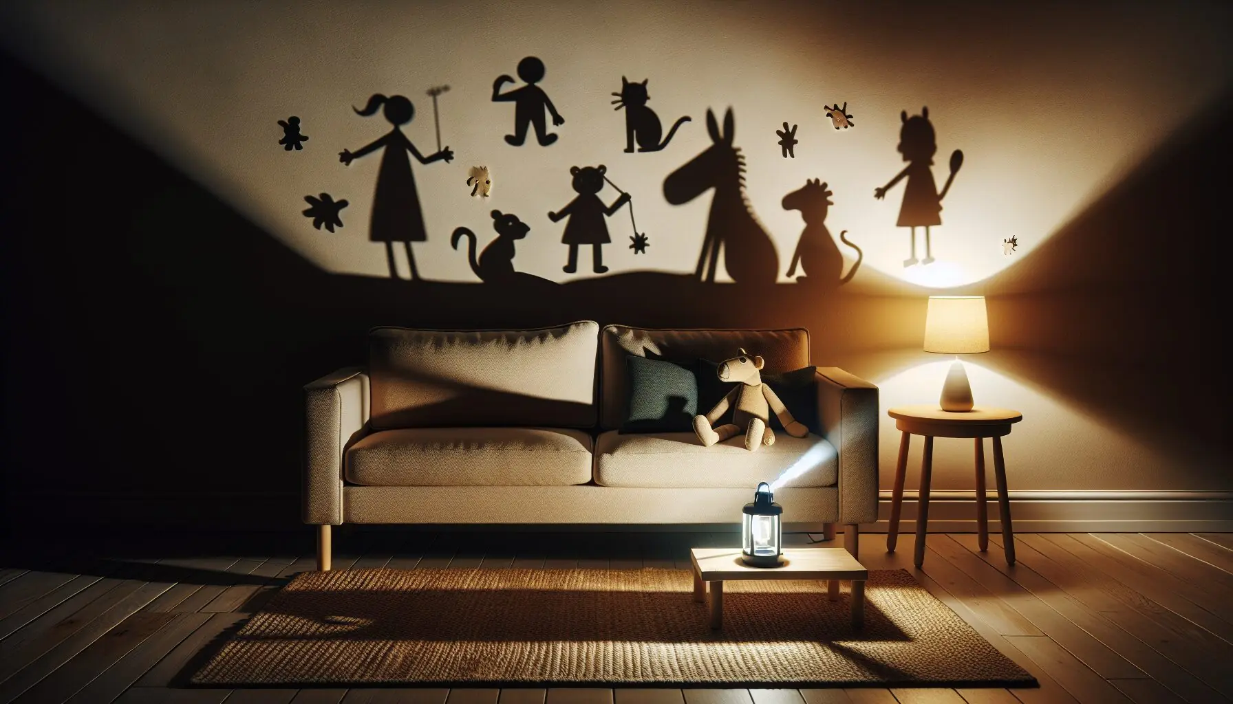 Generate an image of a dimly lit room with a flashlight casting various shadow shapes on a wall.