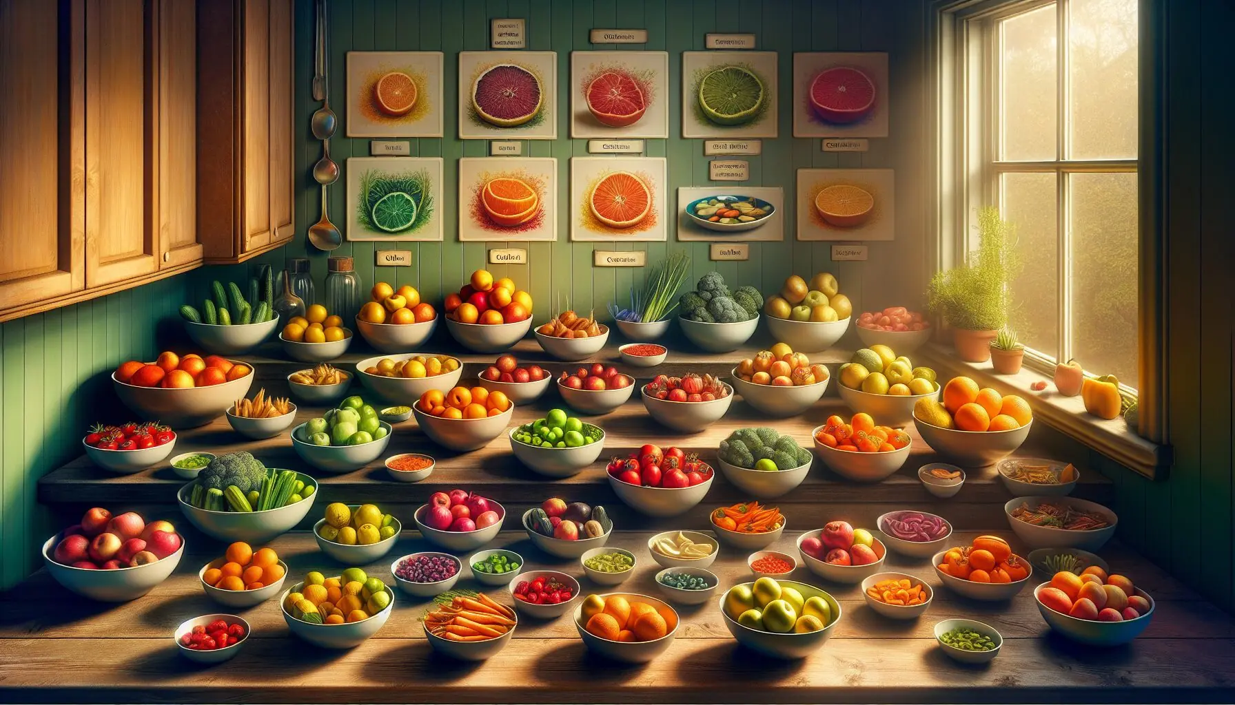 Visualize a playful setting with labeled bowls of fruits and vegetables sorted by type and color.