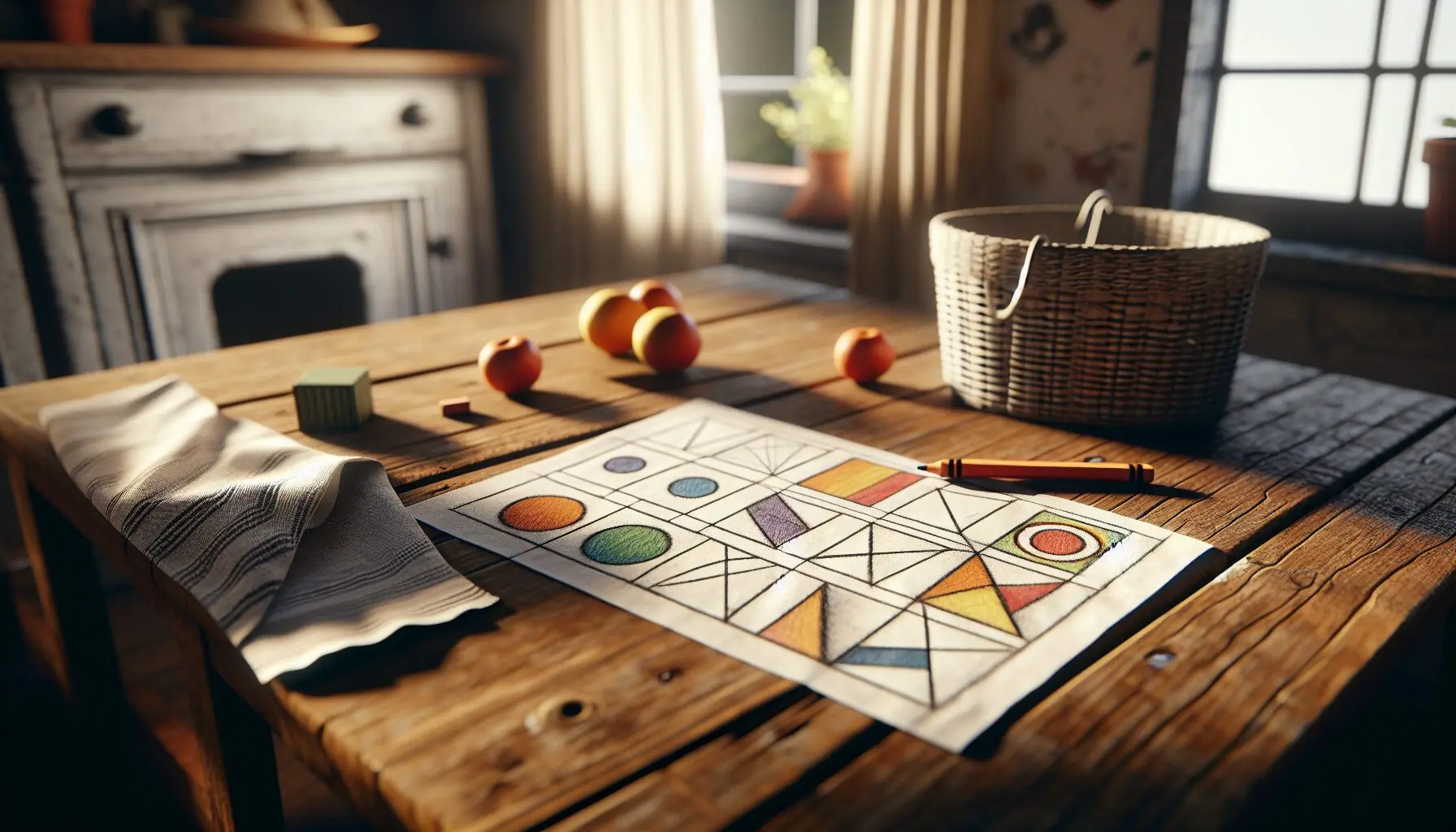 Generate an image of a child's hand holding a paper with drawn shapes and a crayon, next to a basket.