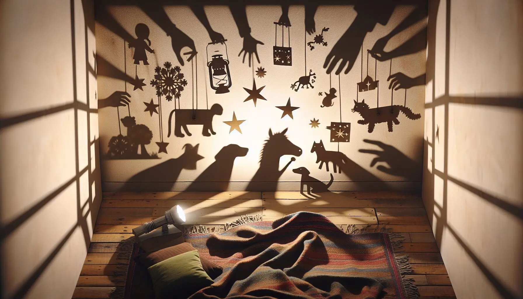 Design an image capturing shadow puppets cast by hands on a wall, with playful storytelling elements like small paper cut-out props.