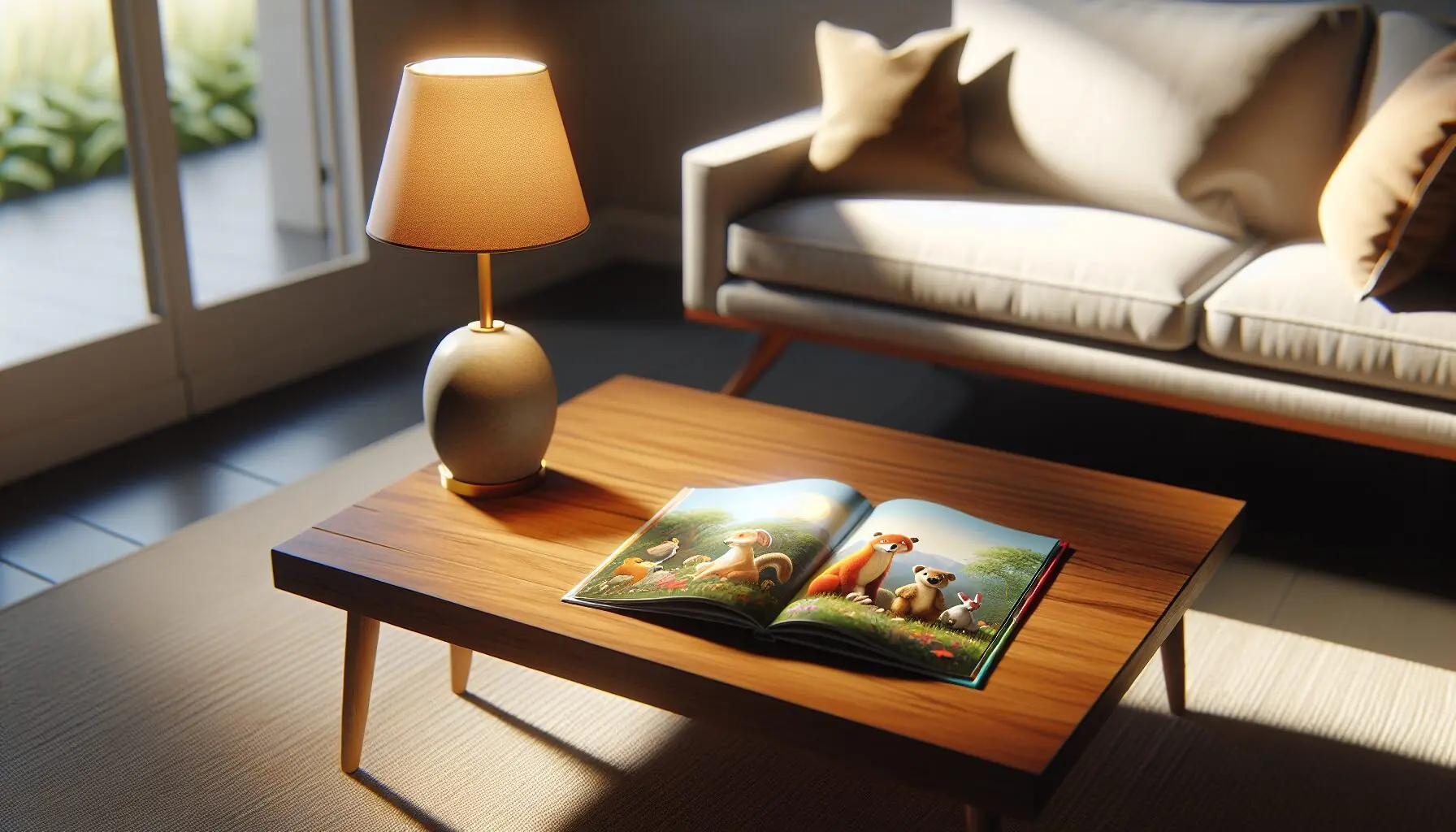 Generate an image illustrating the open pages of a children's book showing a colorful, friendly animal scene next to a glowing lamp.