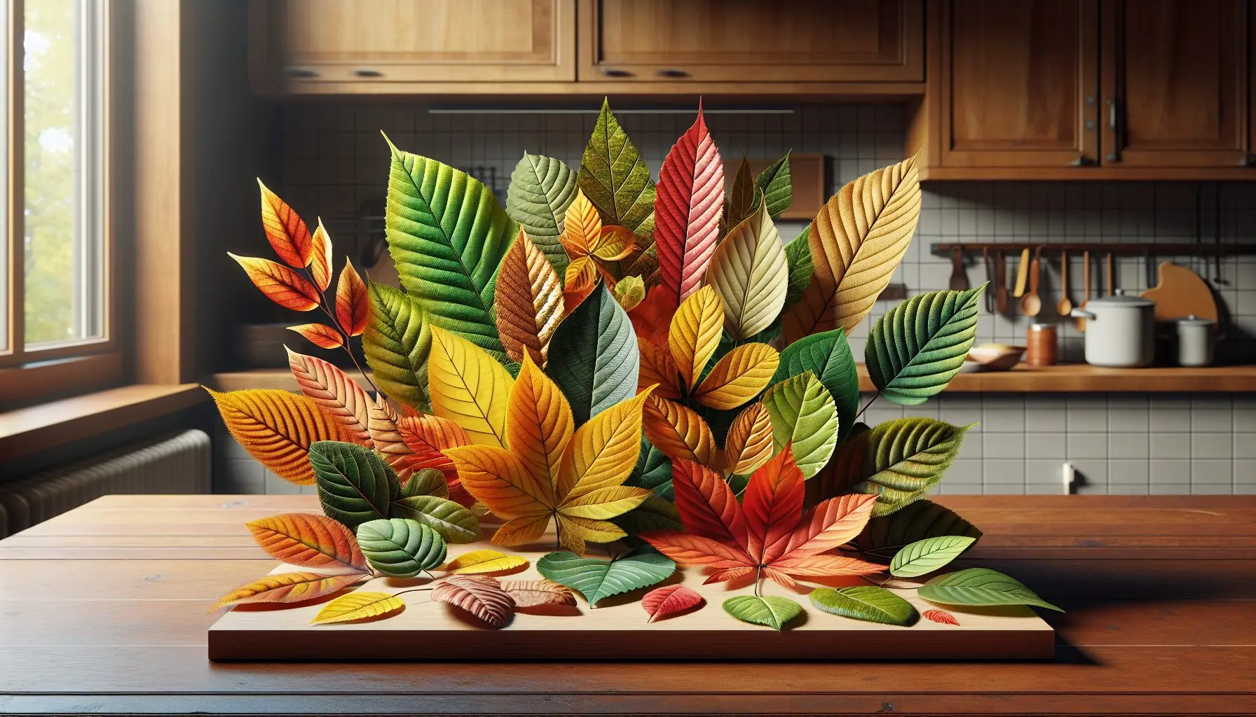 Generate an image of a diverse collection of colorful leaves on a wooden table.