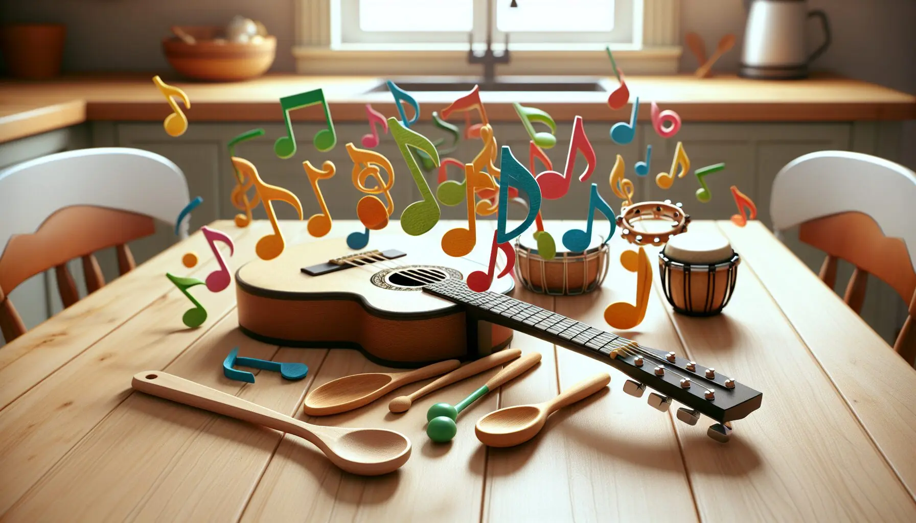 Generate an image of colorful musical notes floating around, symbolizing the joy and development music brings to children.